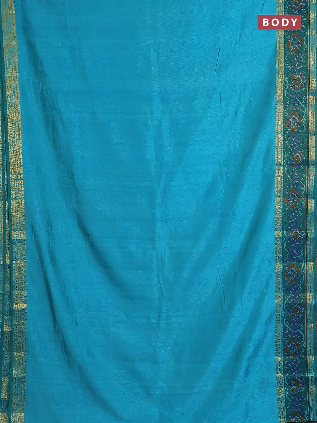 Semi tussar saree teal blue and green with plain body and ikat woven zari border - Image 2
