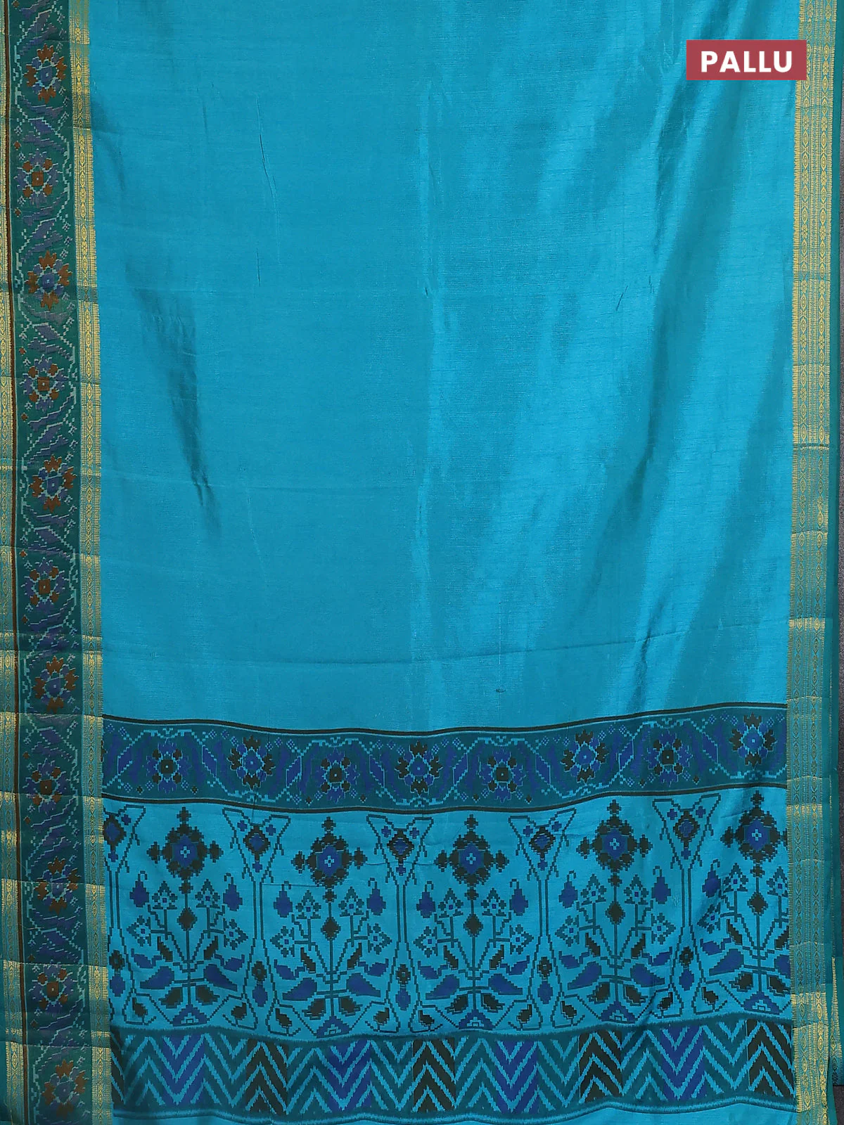 Semi tussar saree teal blue and green with plain body and ikat woven zari border - Image 3