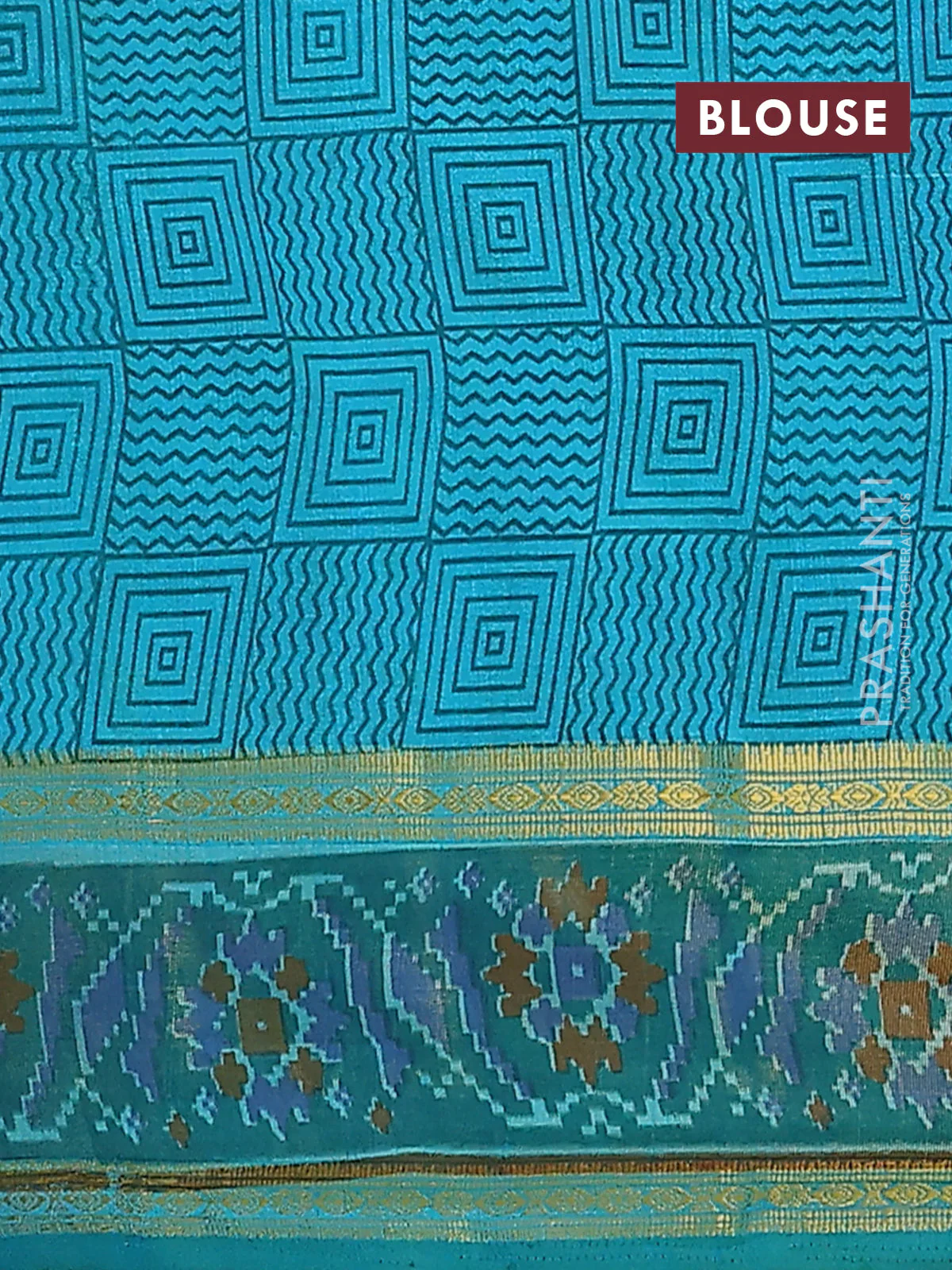 Semi tussar saree teal blue and green with plain body and ikat woven zari border - Image 4