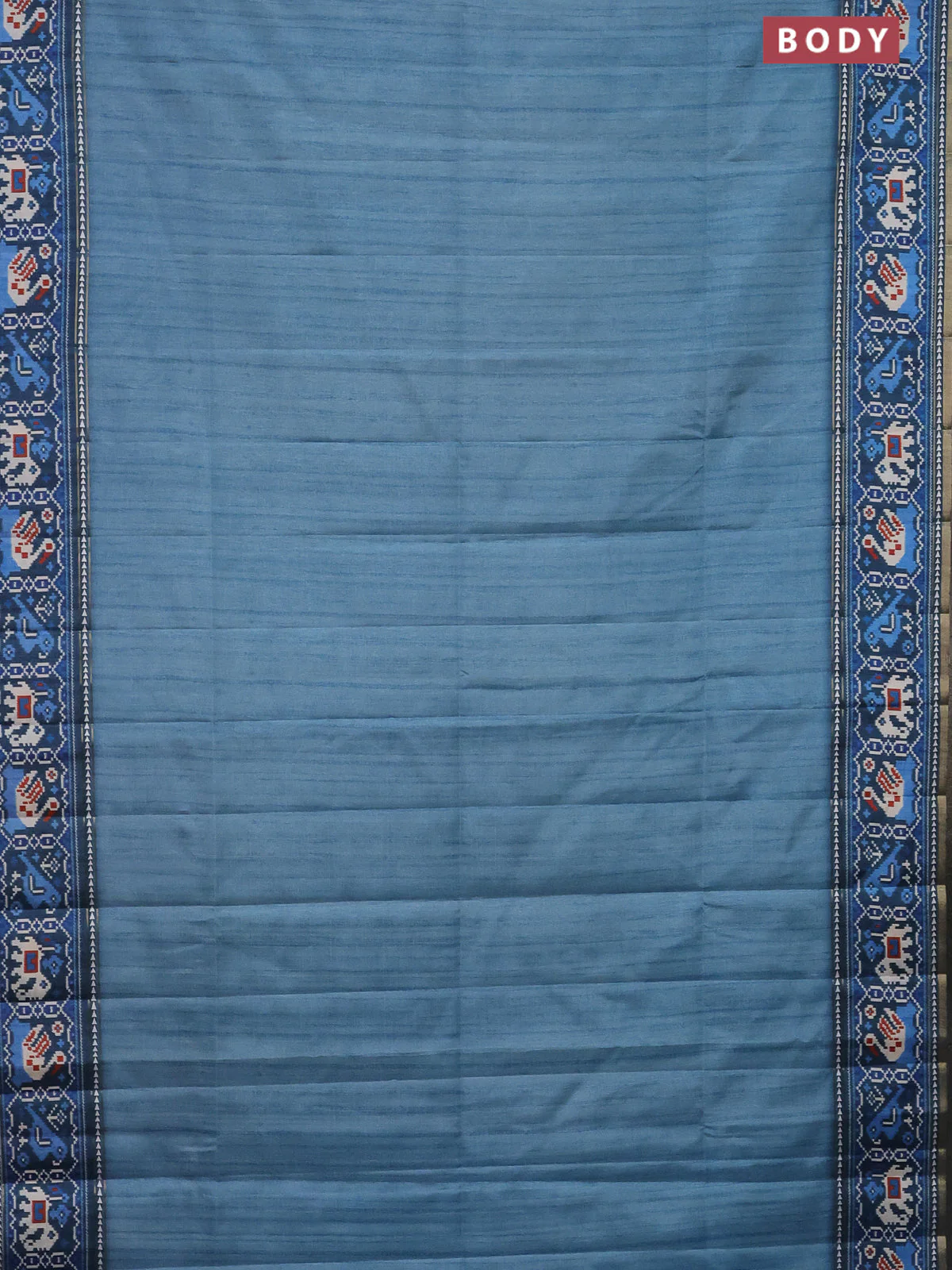 Semi tussar saree teal blue and peacock blue with plain body and patola printed border - Image 2