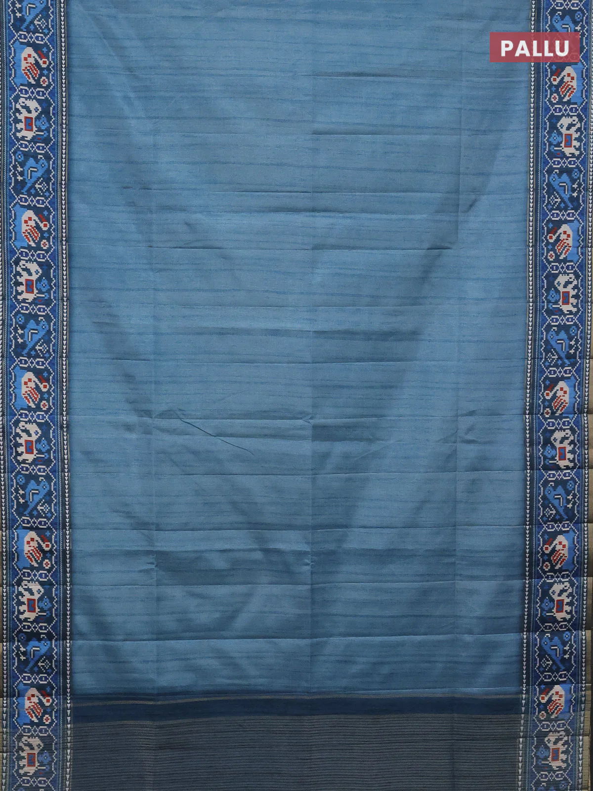 Semi tussar saree teal blue and peacock blue with plain body and patola printed border - Image 3