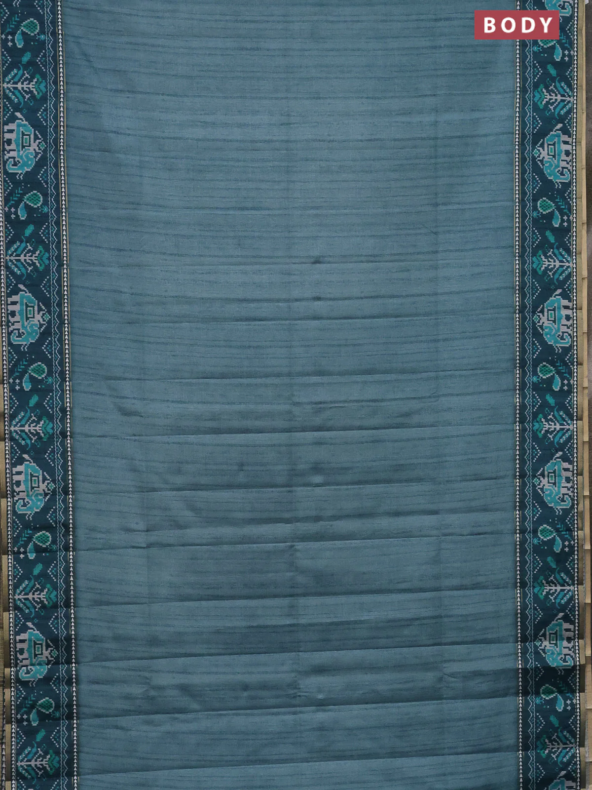 Semi tussar saree teal blue and peacock blue with plain body and patola printed border - Image 2