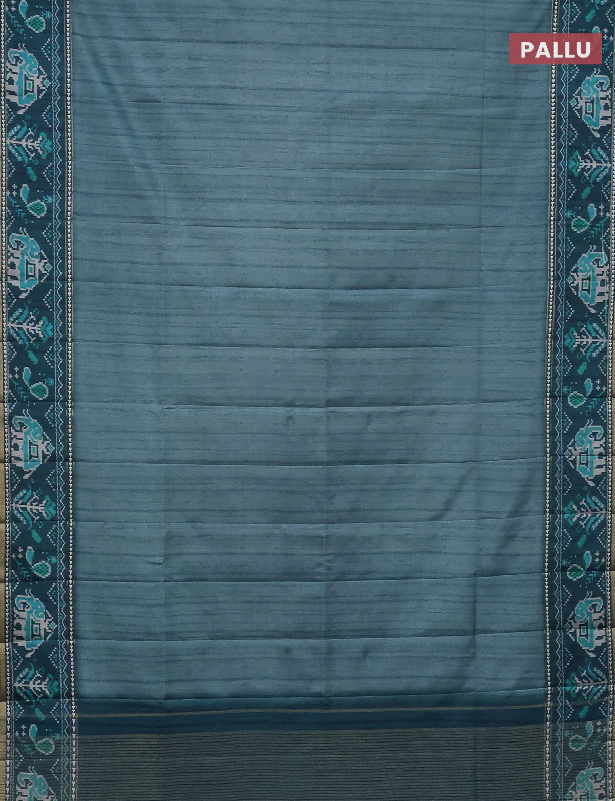 Semi tussar saree teal blue and peacock blue with plain body and patola printed border - Image 3