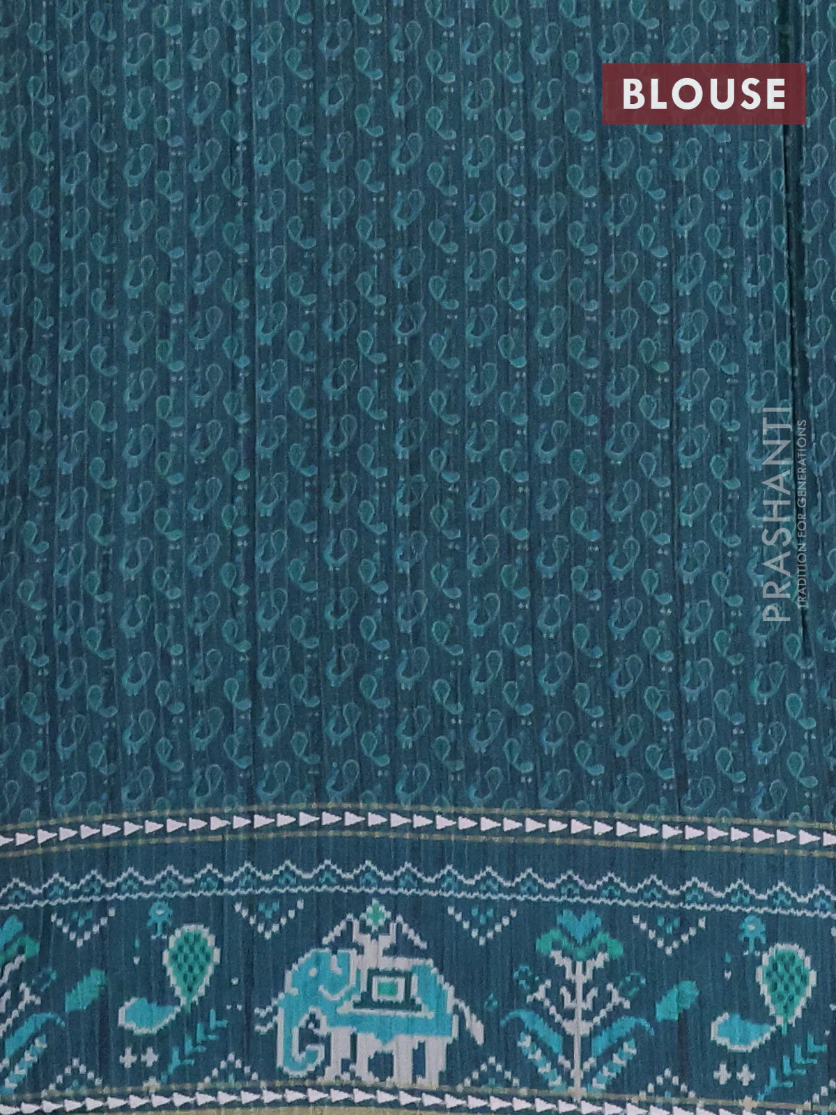Semi tussar saree teal blue and peacock blue with plain body and patola printed border - Image 4