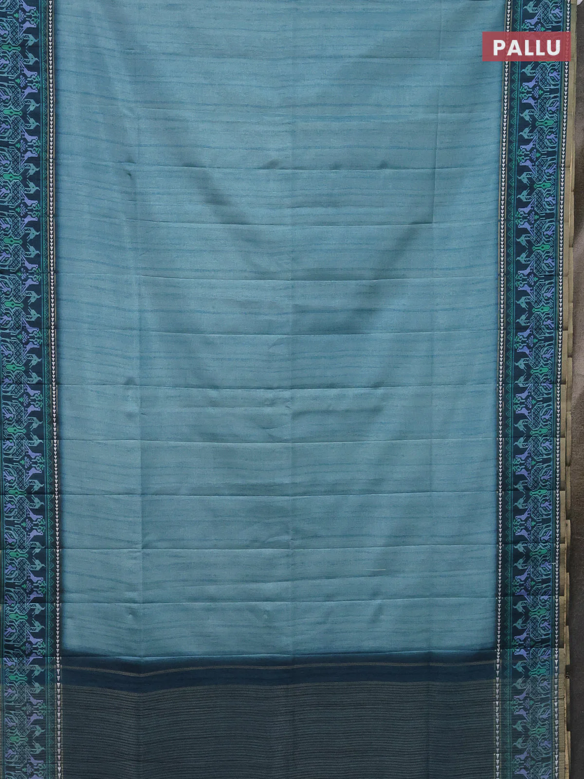 Semi tussar saree teal blue and peacock blue with plain body and patola printed border - Image 3