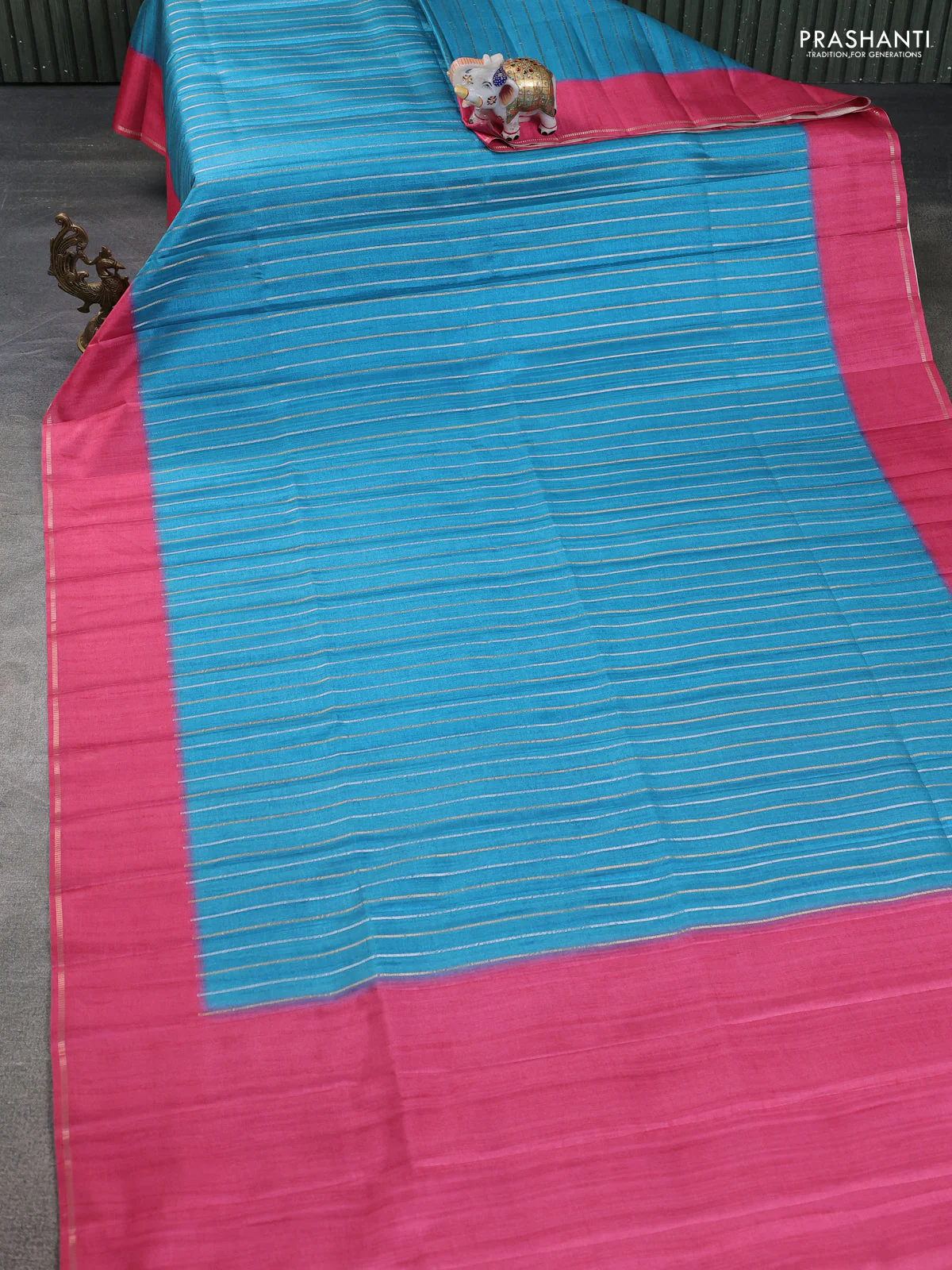 Semi tussar saree teal blue and pink with allover silver & gold zari weaves and simple zari border - Image 2