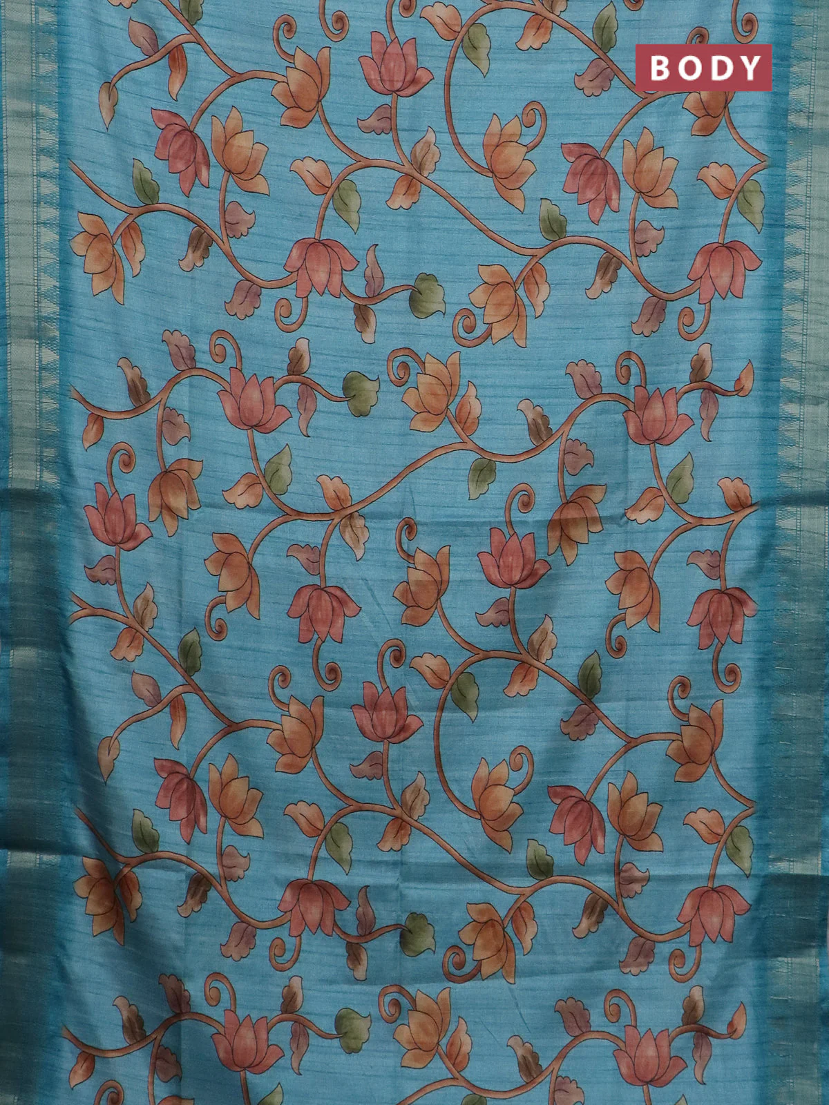 Semi tussar saree teal blue with allover floral prints and zari woven border - Image 2