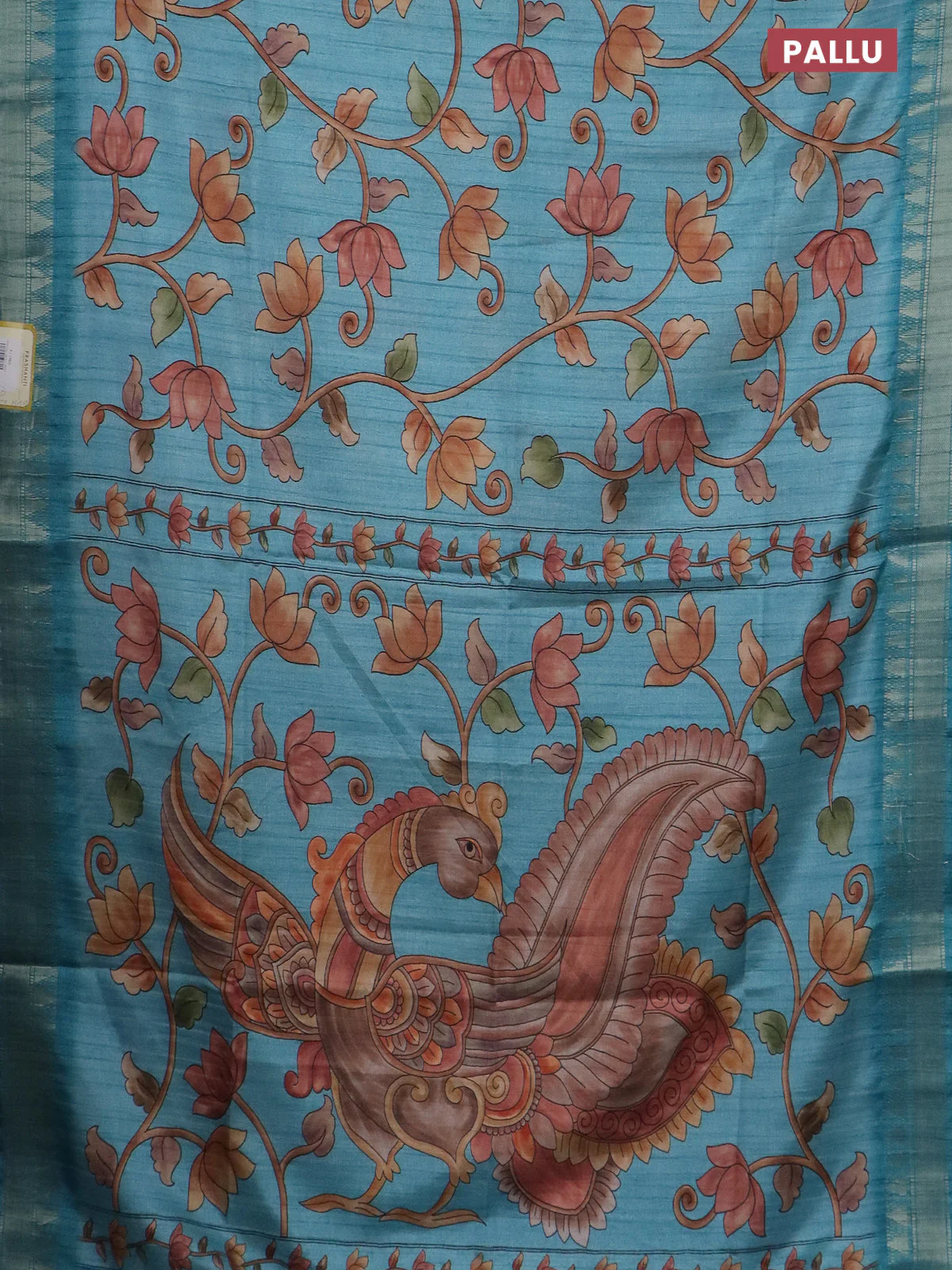 Semi tussar saree teal blue with allover floral prints and zari woven border - Image 3
