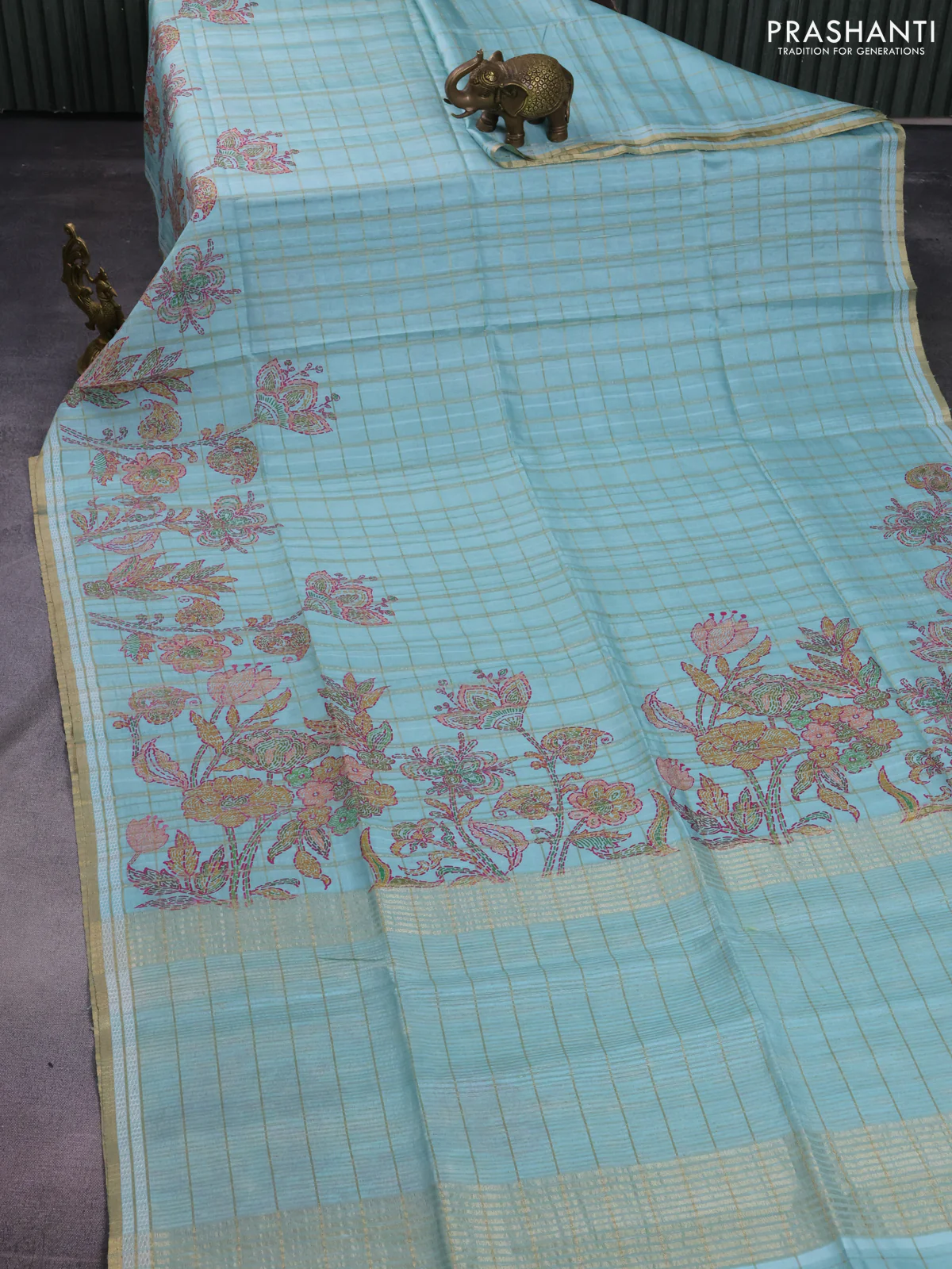 Semi tussar saree teal blue with allover zari checks & digital prints and zari woven border - Image 2