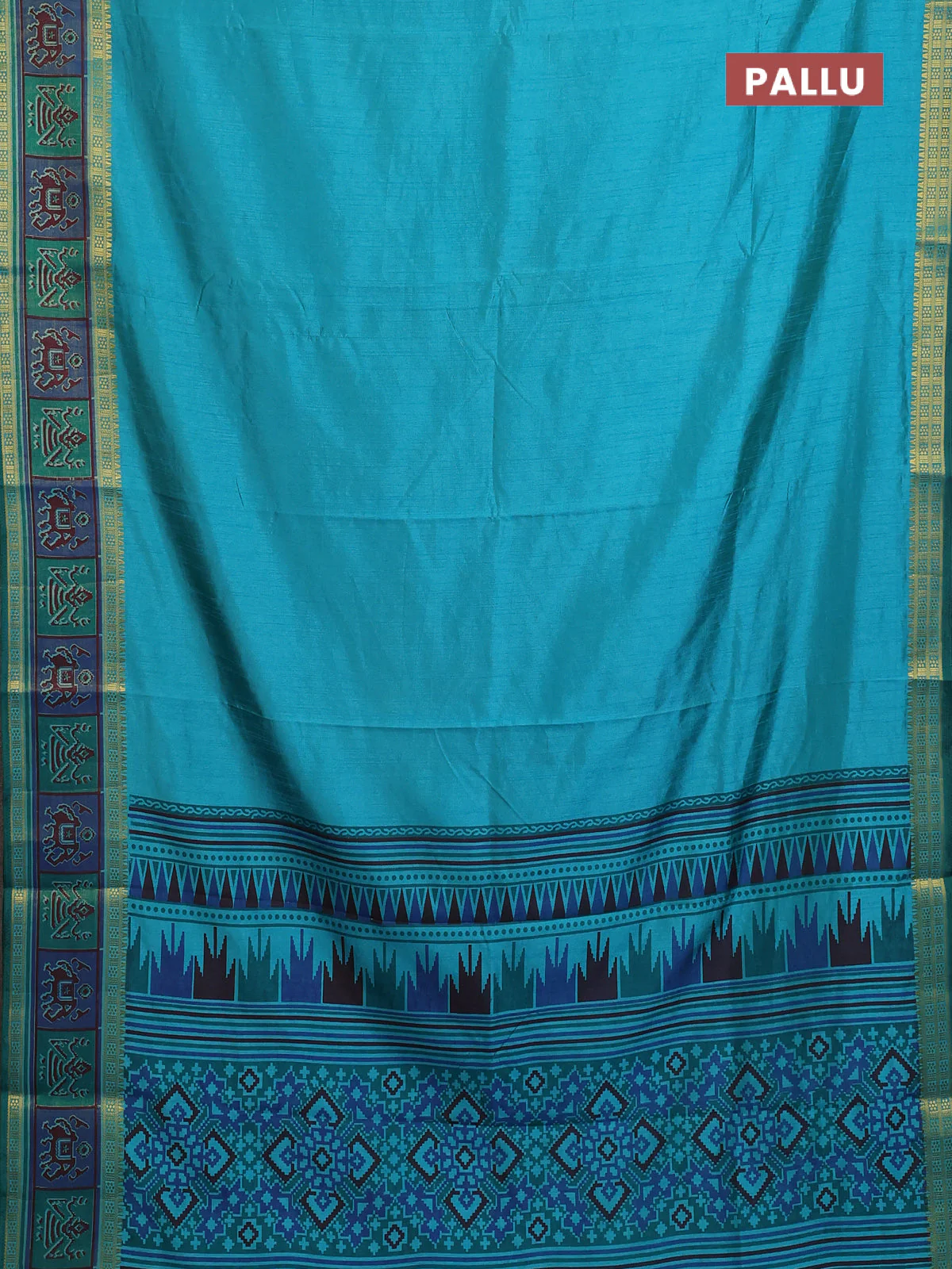 Semi tussar saree teal blue with plain body and ikat woven zari border - Image 3