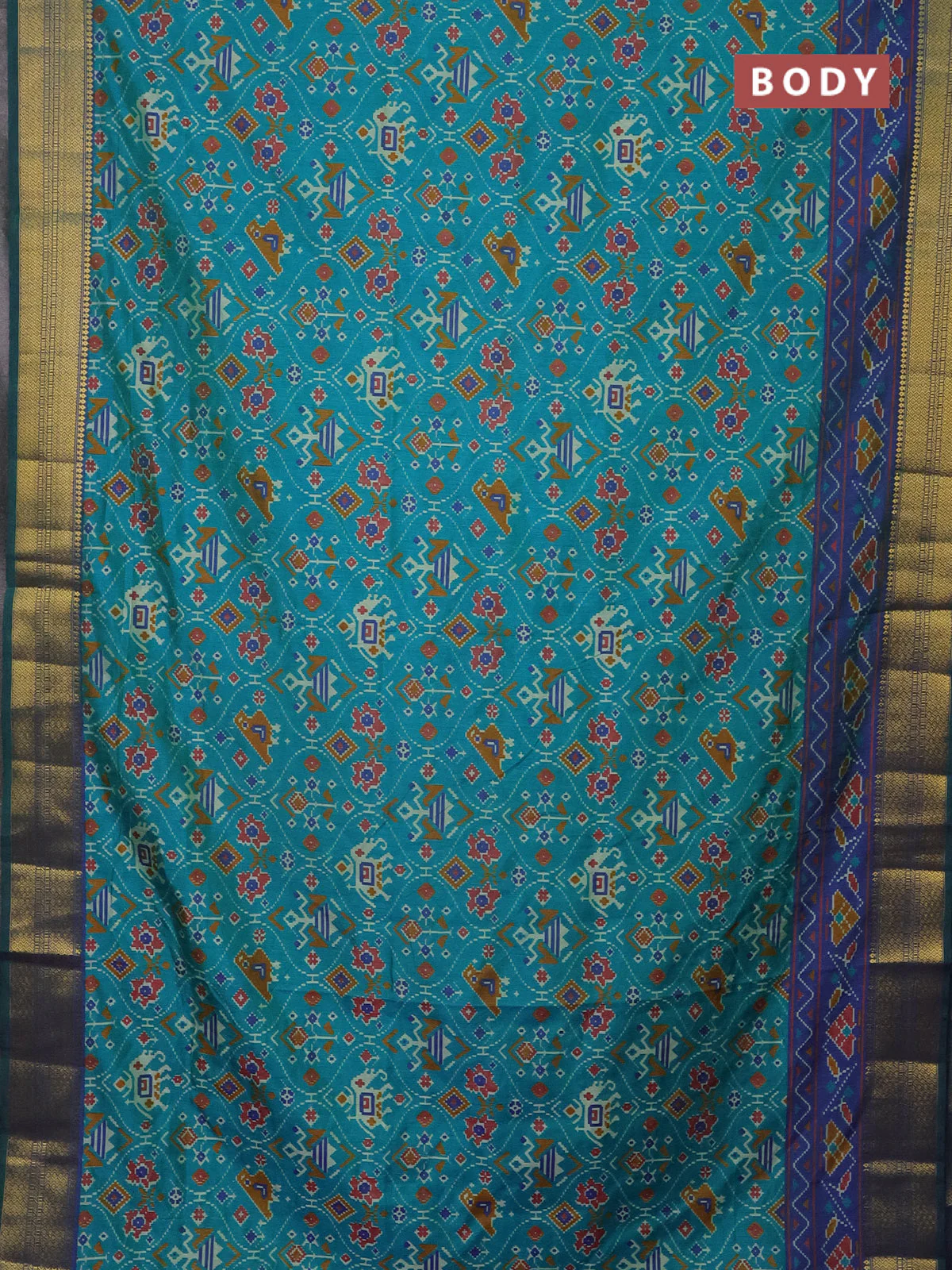 Semi tussar saree teal bluish green and dual shade of violet with allover patola prints and zari woven border - Image 2