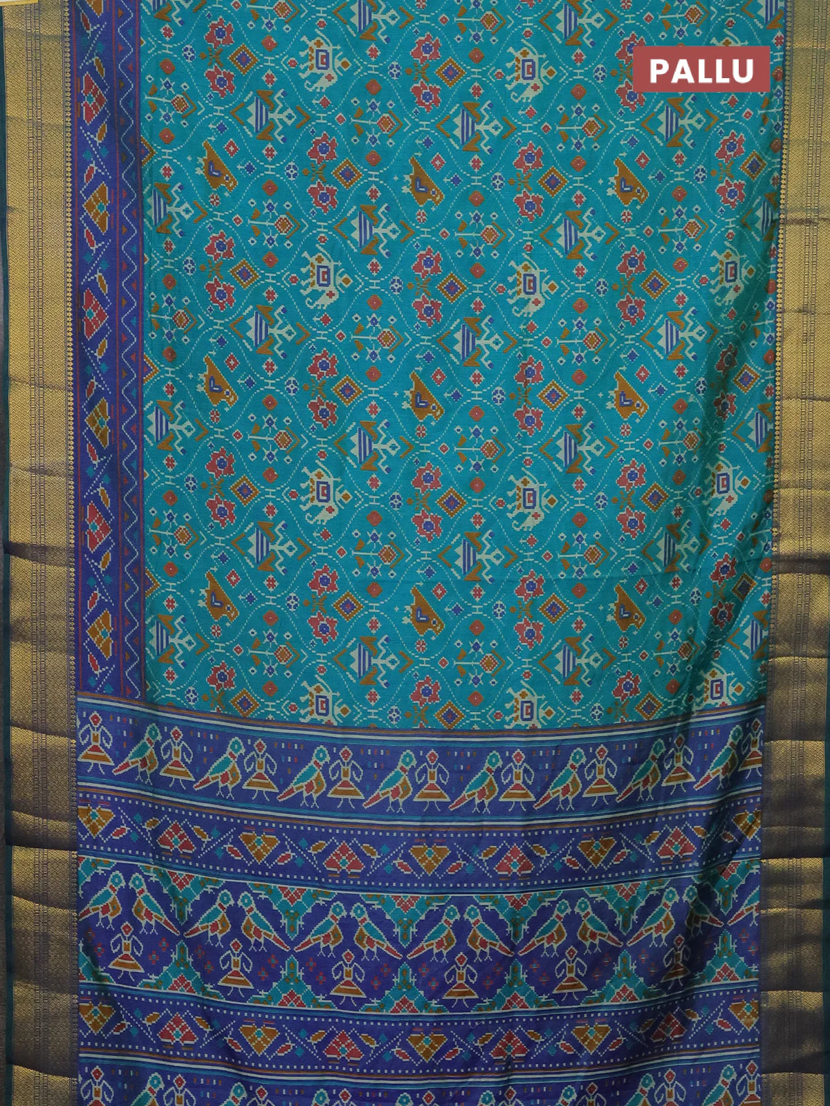 Semi tussar saree teal bluish green and dual shade of violet with allover patola prints and zari woven border - Image 3