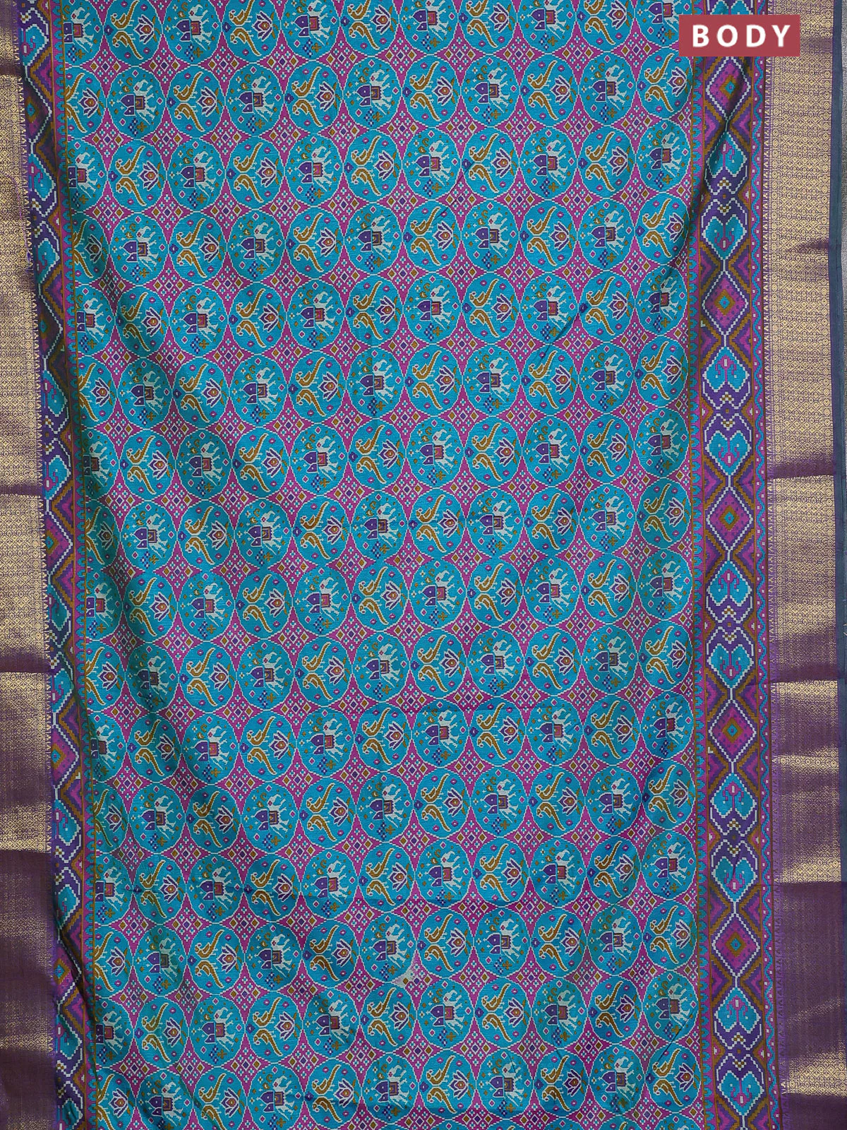Semi tussar saree teal bluish green and purple with allover ikat prints and zari woven border - Image 2