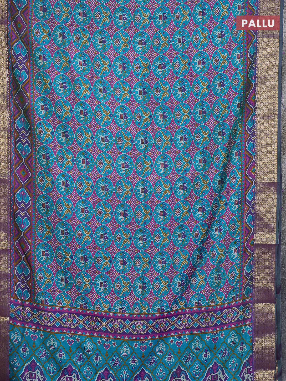 Semi tussar saree teal bluish green and purple with allover ikat prints and zari woven border - Image 3