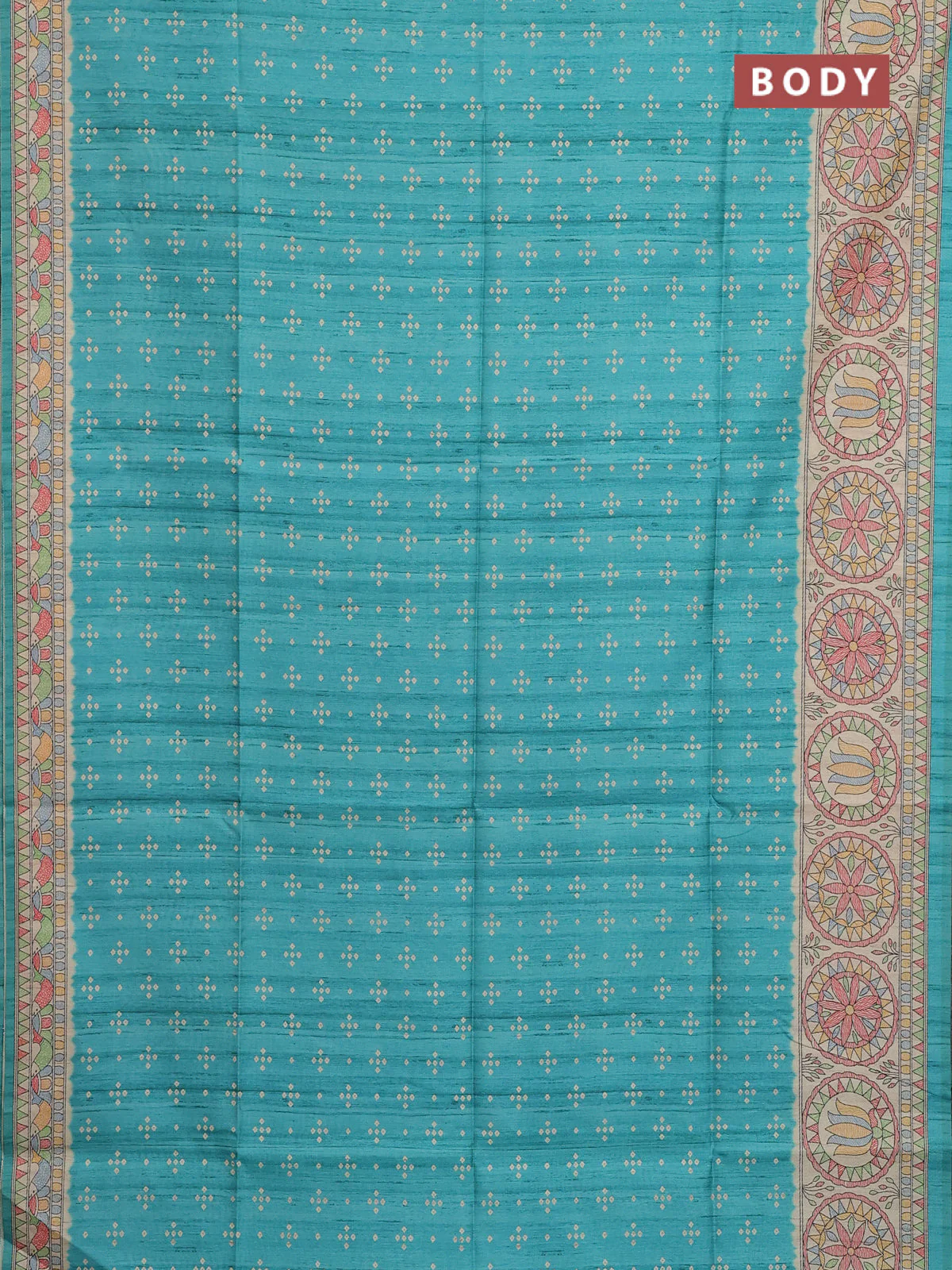 Semi tussar saree teal green and beige with allover bandhani prints and madhubani printed pallu & border - Image 2