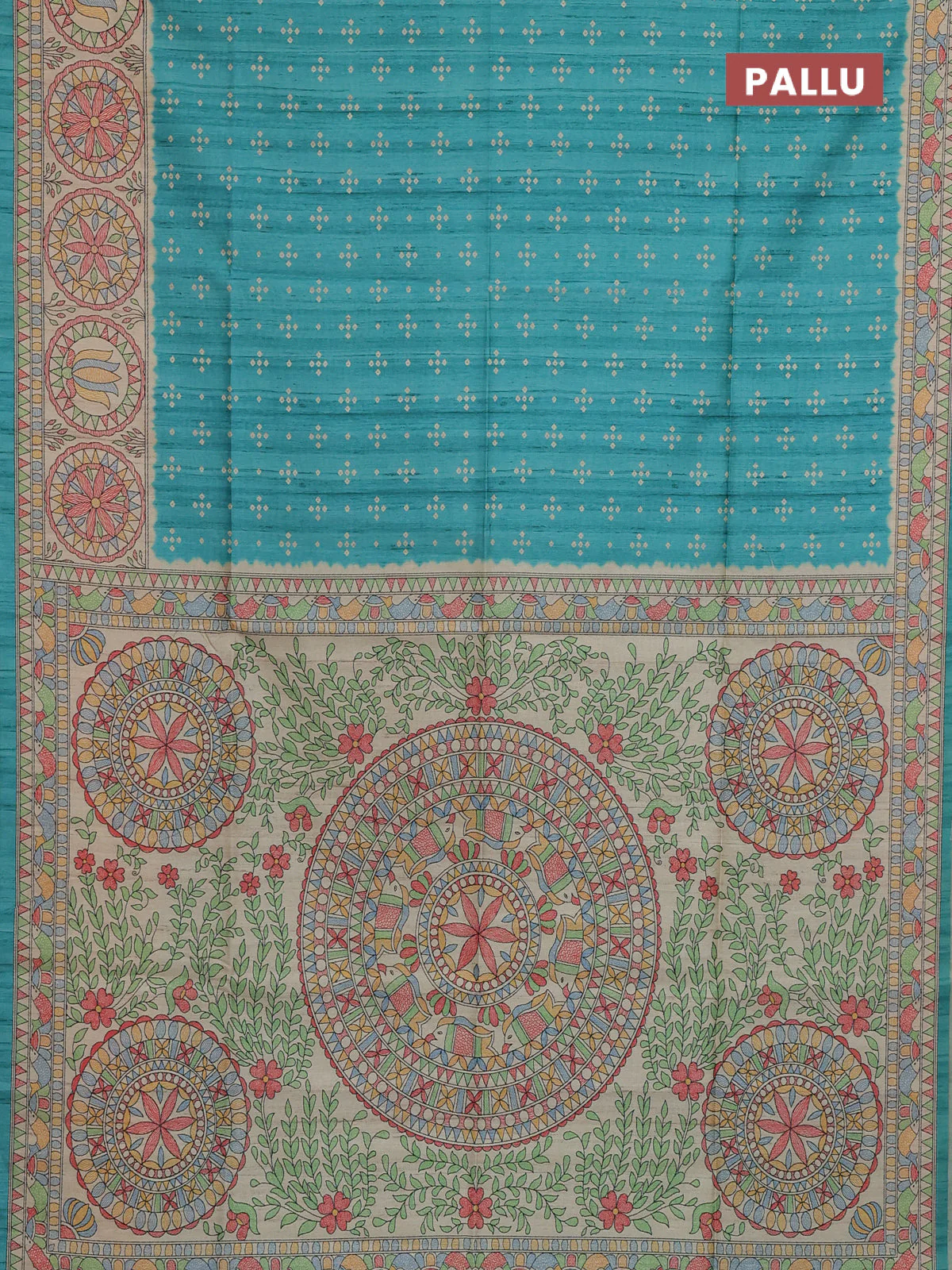 Semi tussar saree teal green and beige with allover bandhani prints and madhubani printed pallu & border - Image 3