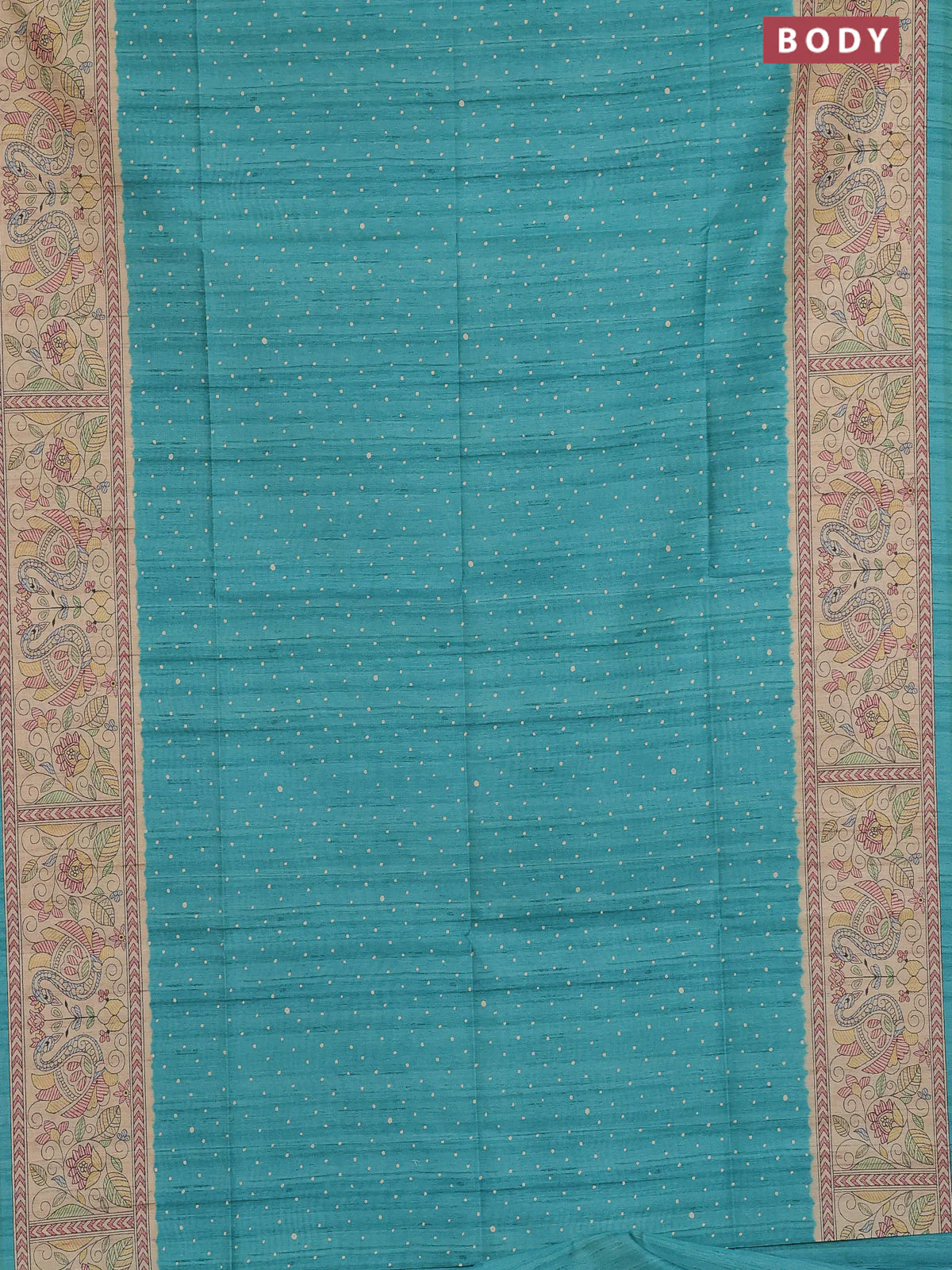 Semi tussar saree teal green and beige with allover butta prints and madhubani printed pallu & border - Image 2
