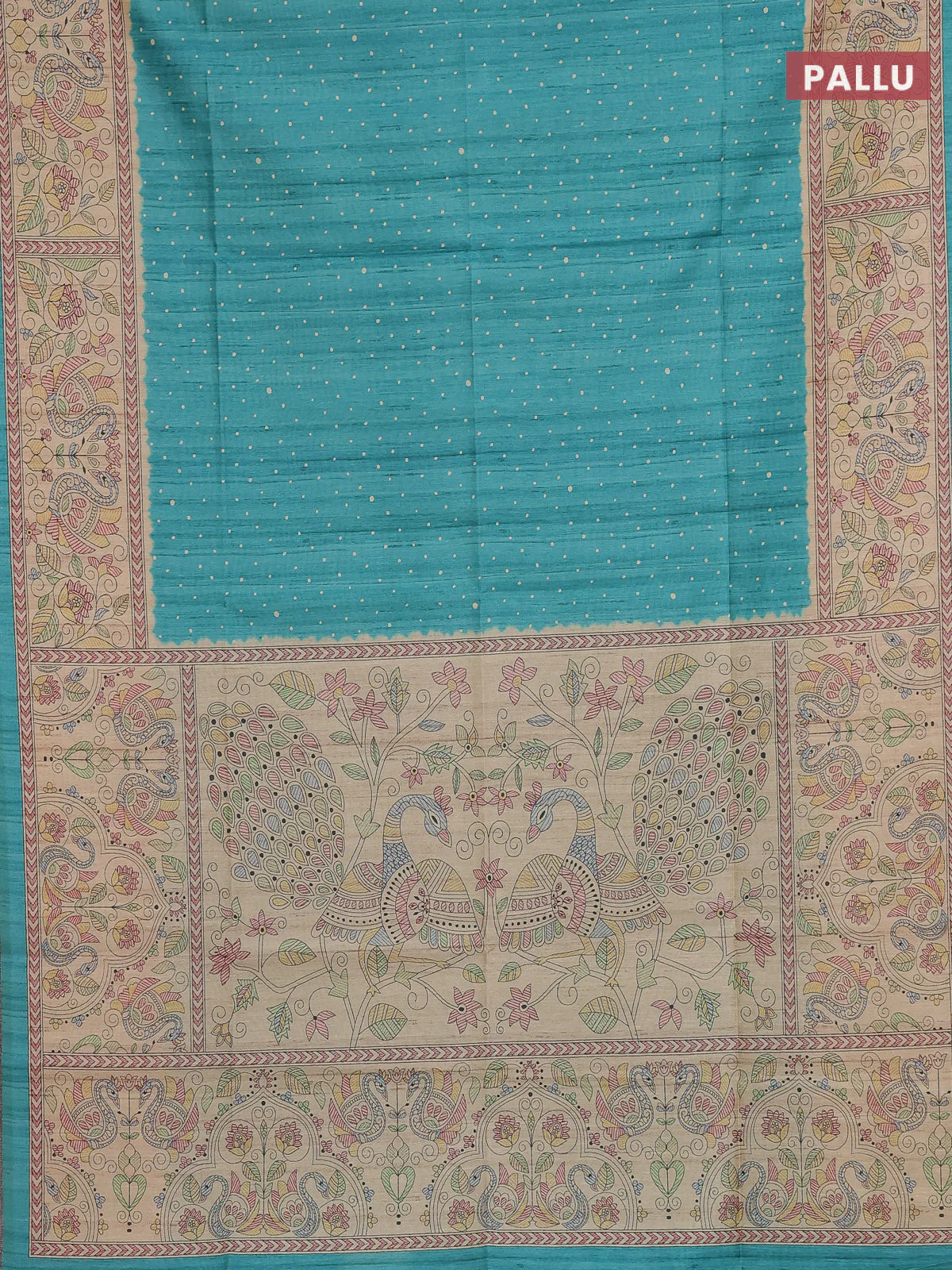 Semi tussar saree teal green and beige with allover butta prints and madhubani printed pallu & border - Image 3