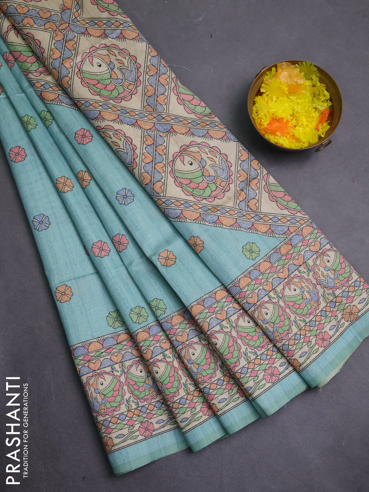 Semi tussar saree teal green and beige with allover butta prints and madhubani printed pallu & border