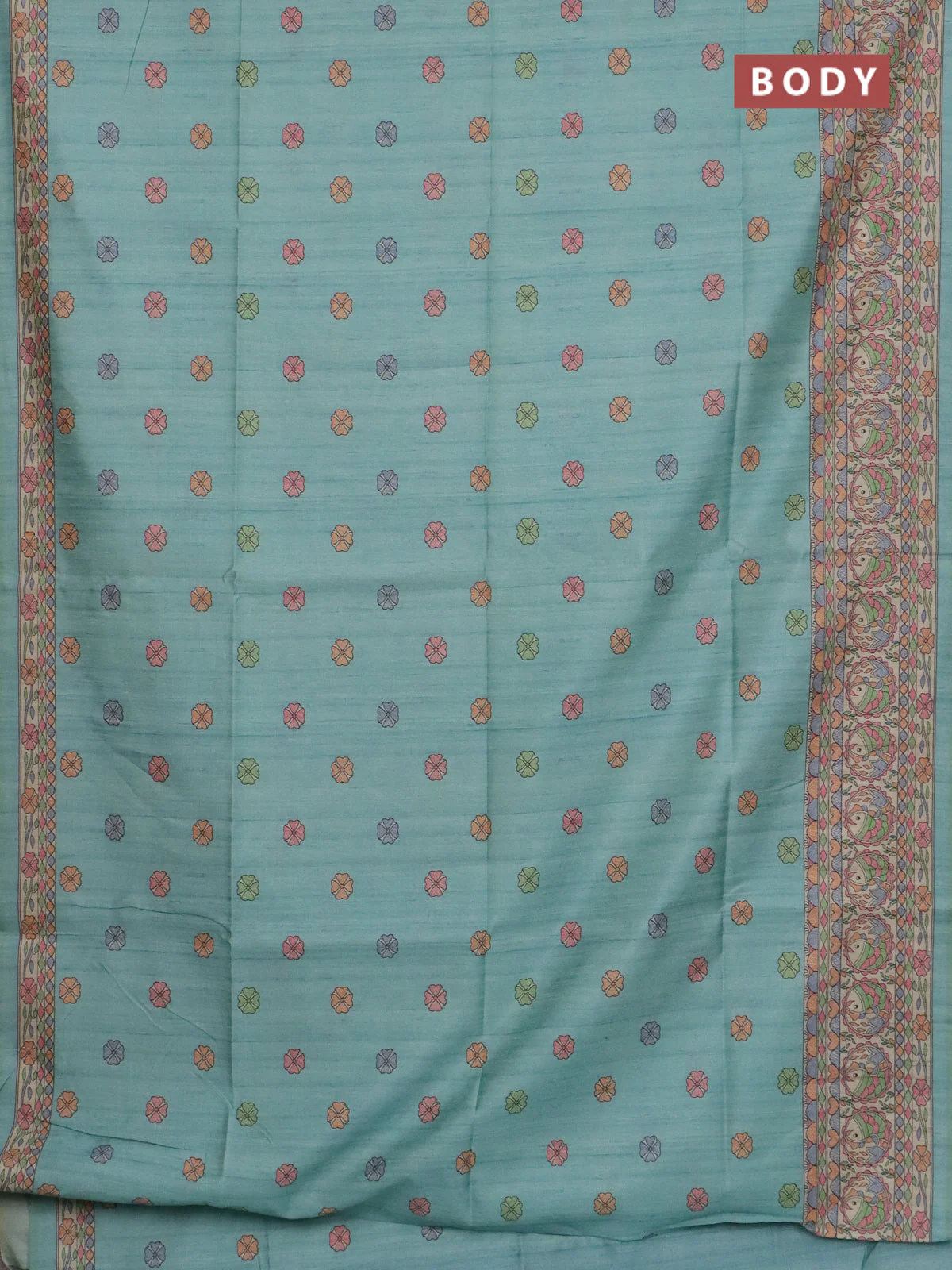 Semi tussar saree teal green and beige with allover butta prints and madhubani printed pallu & border - Image 2
