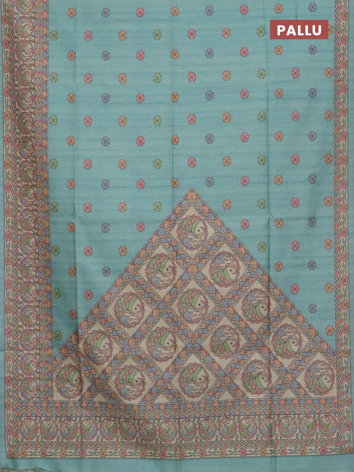 Semi tussar saree teal green and beige with allover butta prints and madhubani printed pallu & border - Image 3