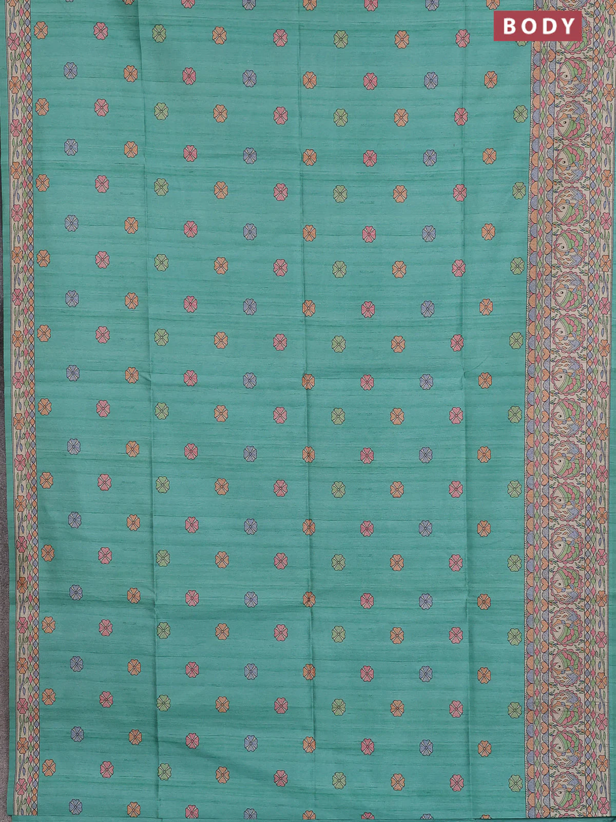 Semi tussar saree teal green and beige with allover butta prints and madhubani printed pallu & border - Image 2