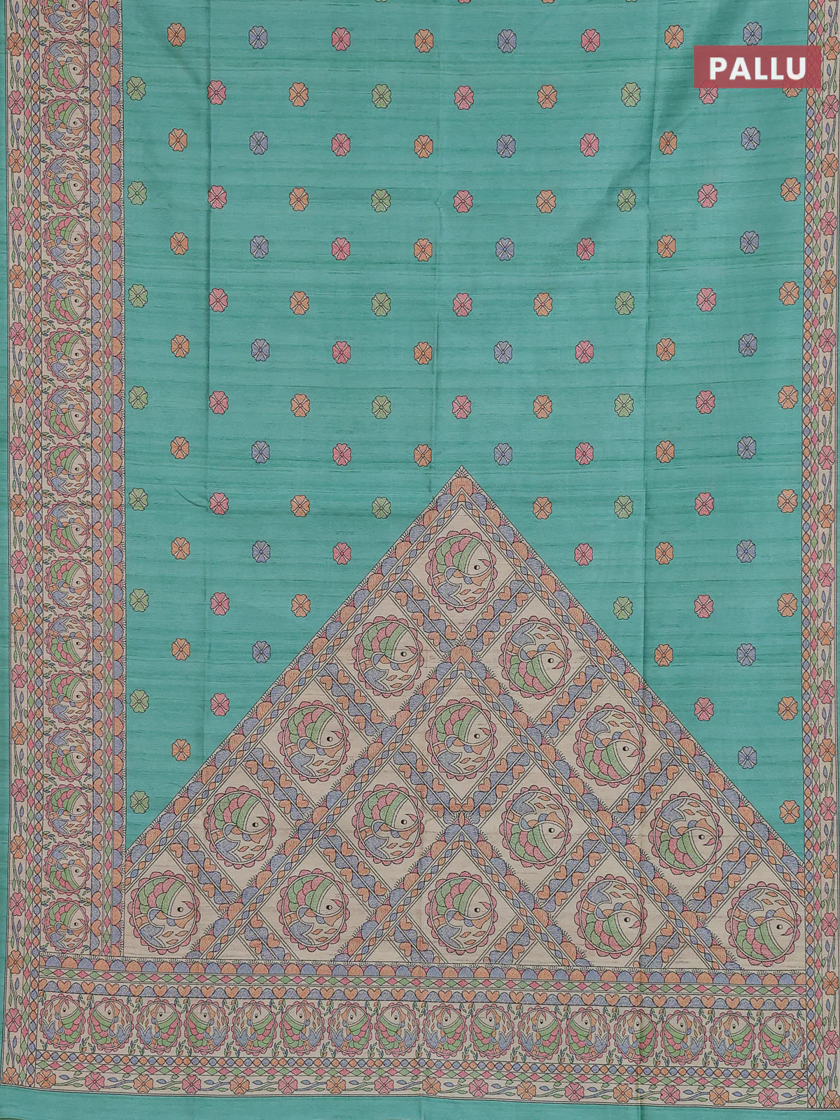 Semi tussar saree teal green and beige with allover butta prints and madhubani printed pallu & border - Image 3