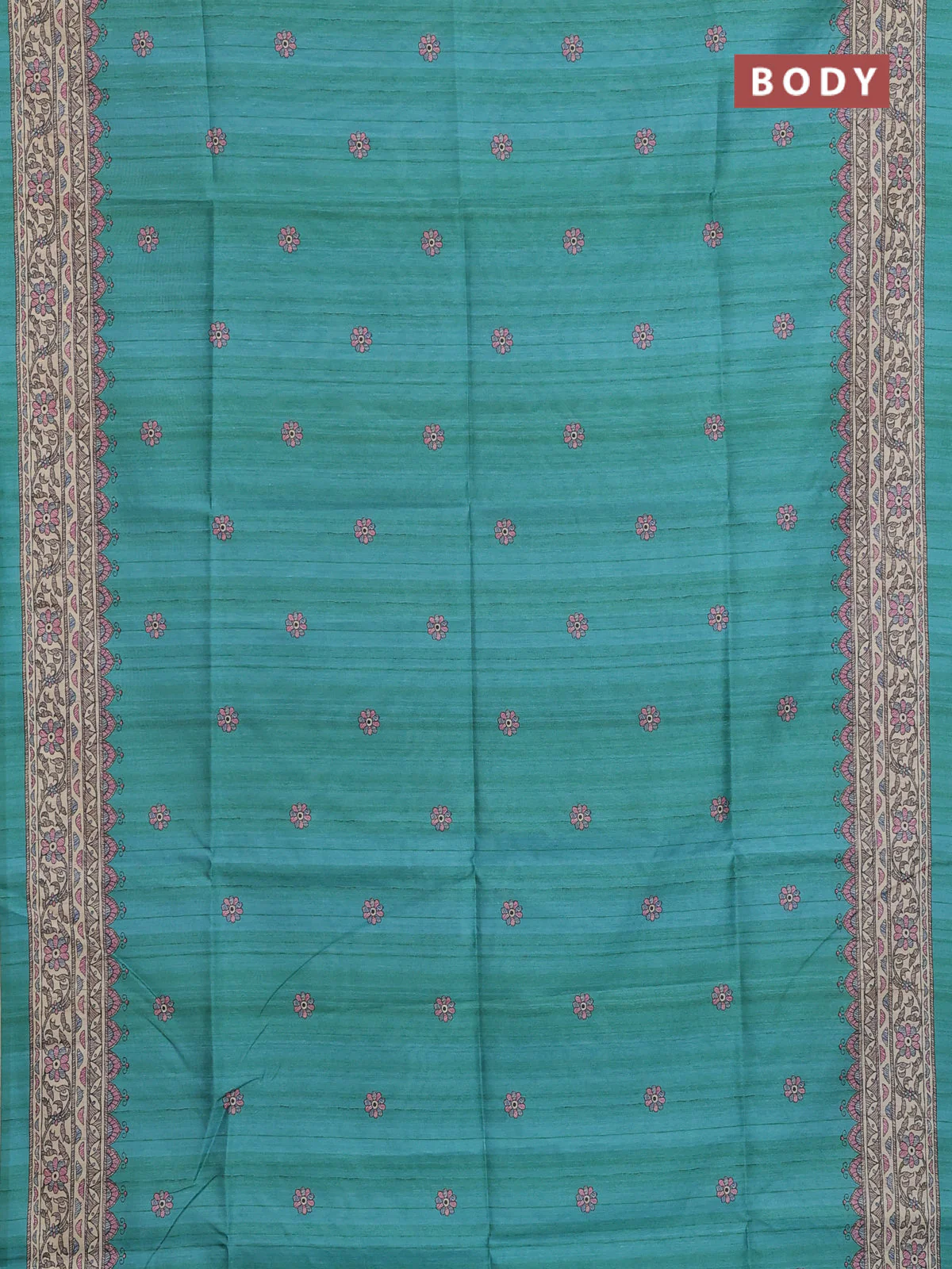 Semi tussar saree teal green and beige with allover butta prints and madhubani printed pallu & border - Image 2