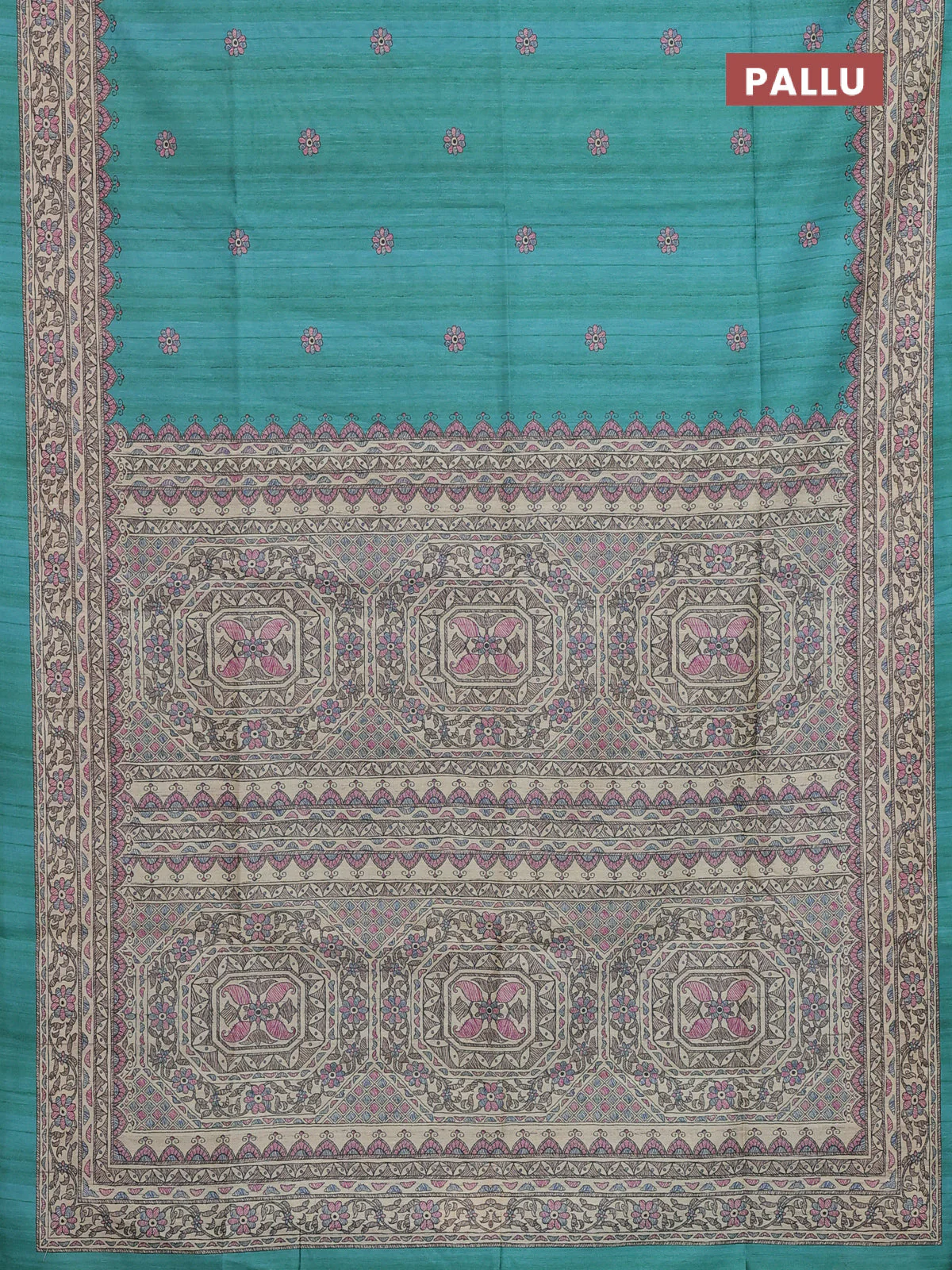 Semi tussar saree teal green and beige with allover butta prints and madhubani printed pallu & border - Image 3
