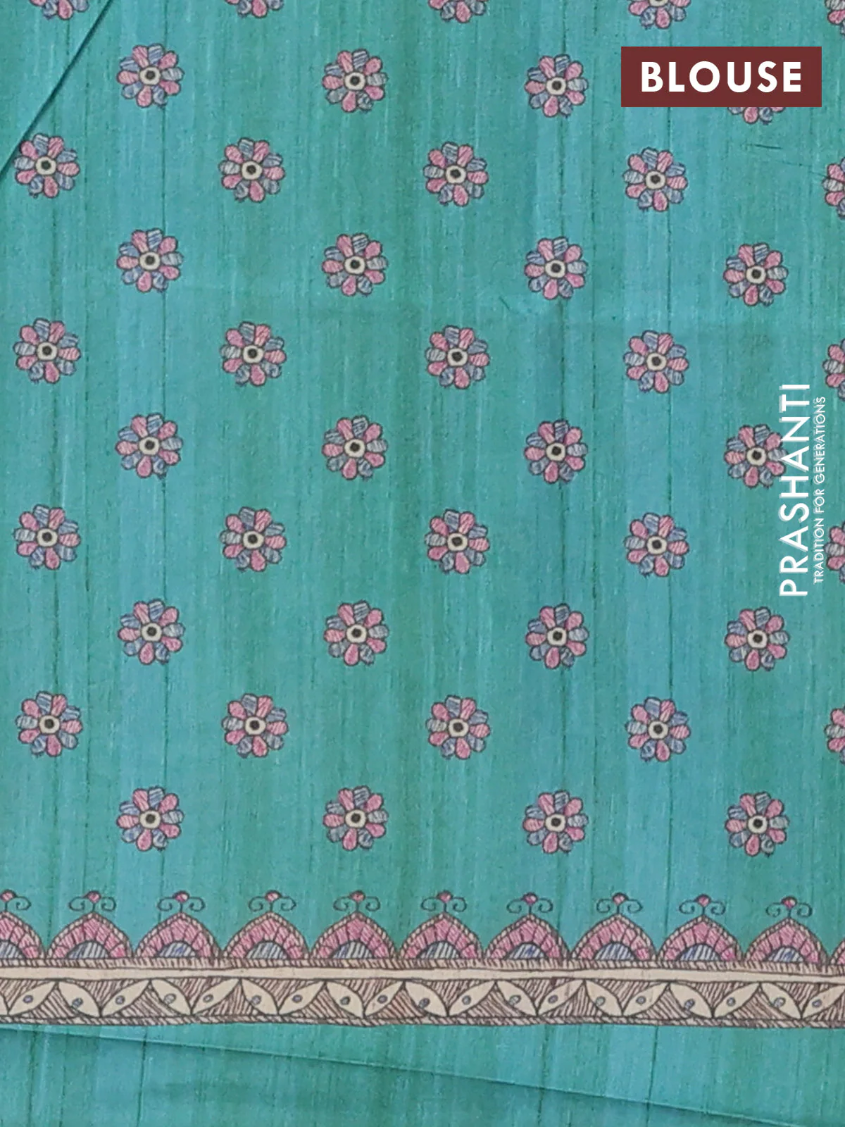 Semi tussar saree teal green and beige with allover butta prints and madhubani printed pallu & border - Image 4
