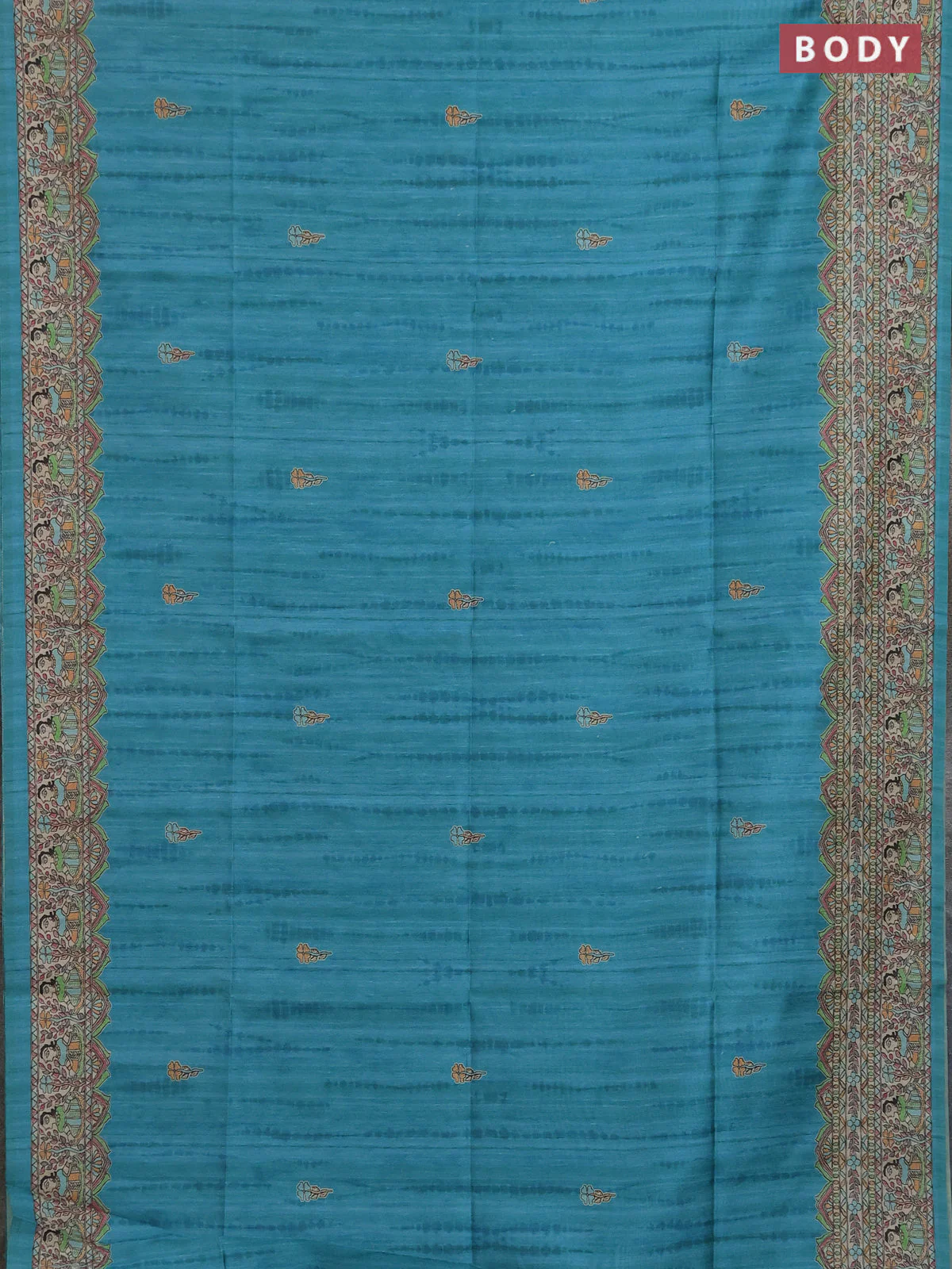 Semi tussar saree teal green and beige with butta prints and madhubani printed pallu & border - Image 2