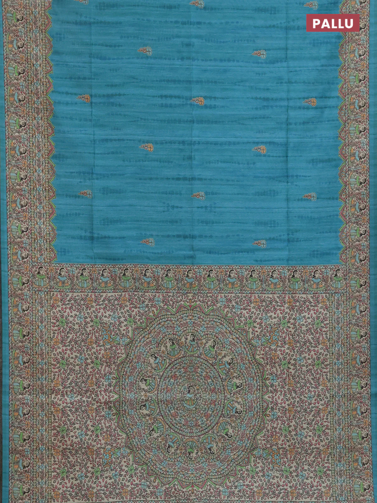 Semi tussar saree teal green and beige with butta prints and madhubani printed pallu & border - Image 3