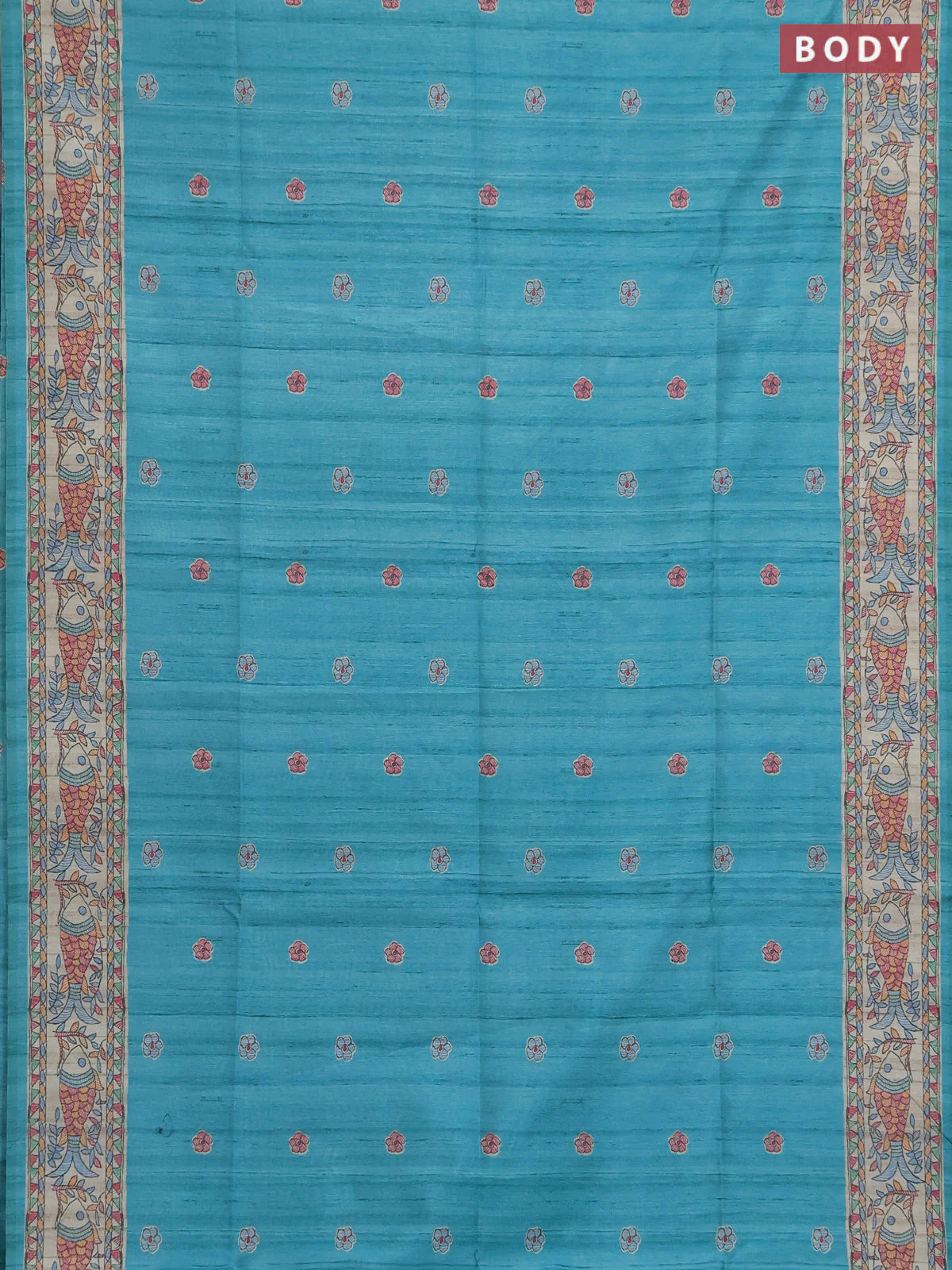 Semi tussar saree teal green and beige with butta prints and madhubani printed pallu & border - Image 2