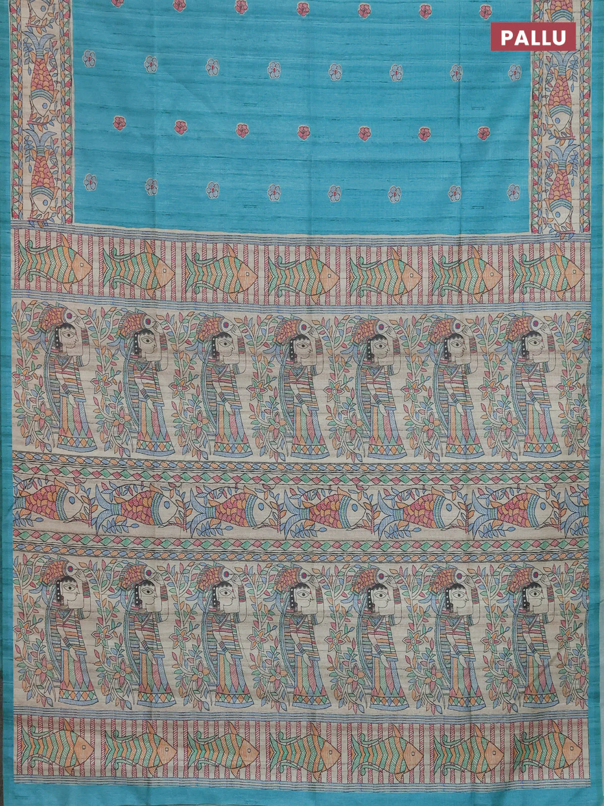 Semi tussar saree teal green and beige with butta prints and madhubani printed pallu & border - Image 3