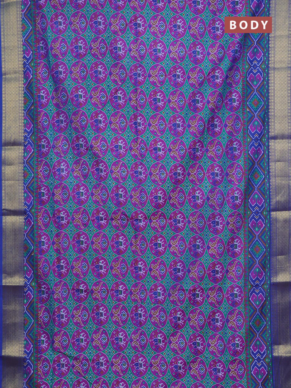 Semi tussar saree teal green and blue with allover ikat prints and zari woven border - Image 2
