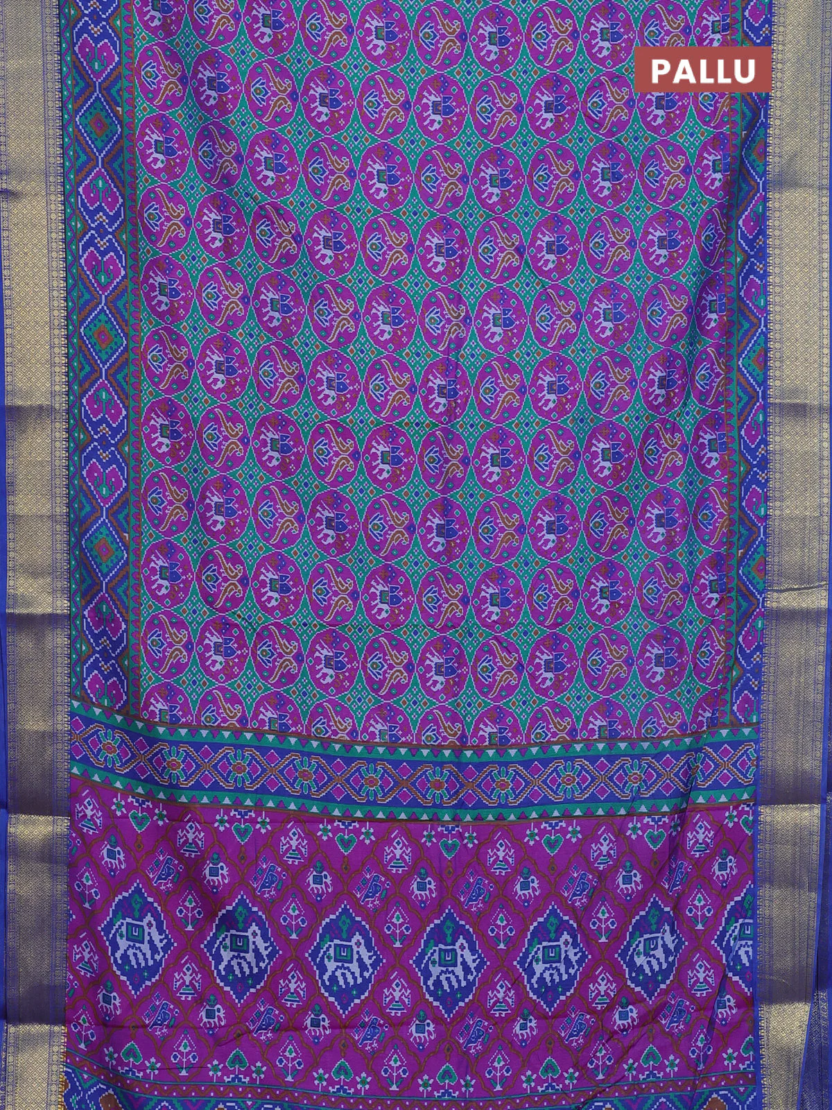 Semi tussar saree teal green and blue with allover ikat prints and zari woven border - Image 3