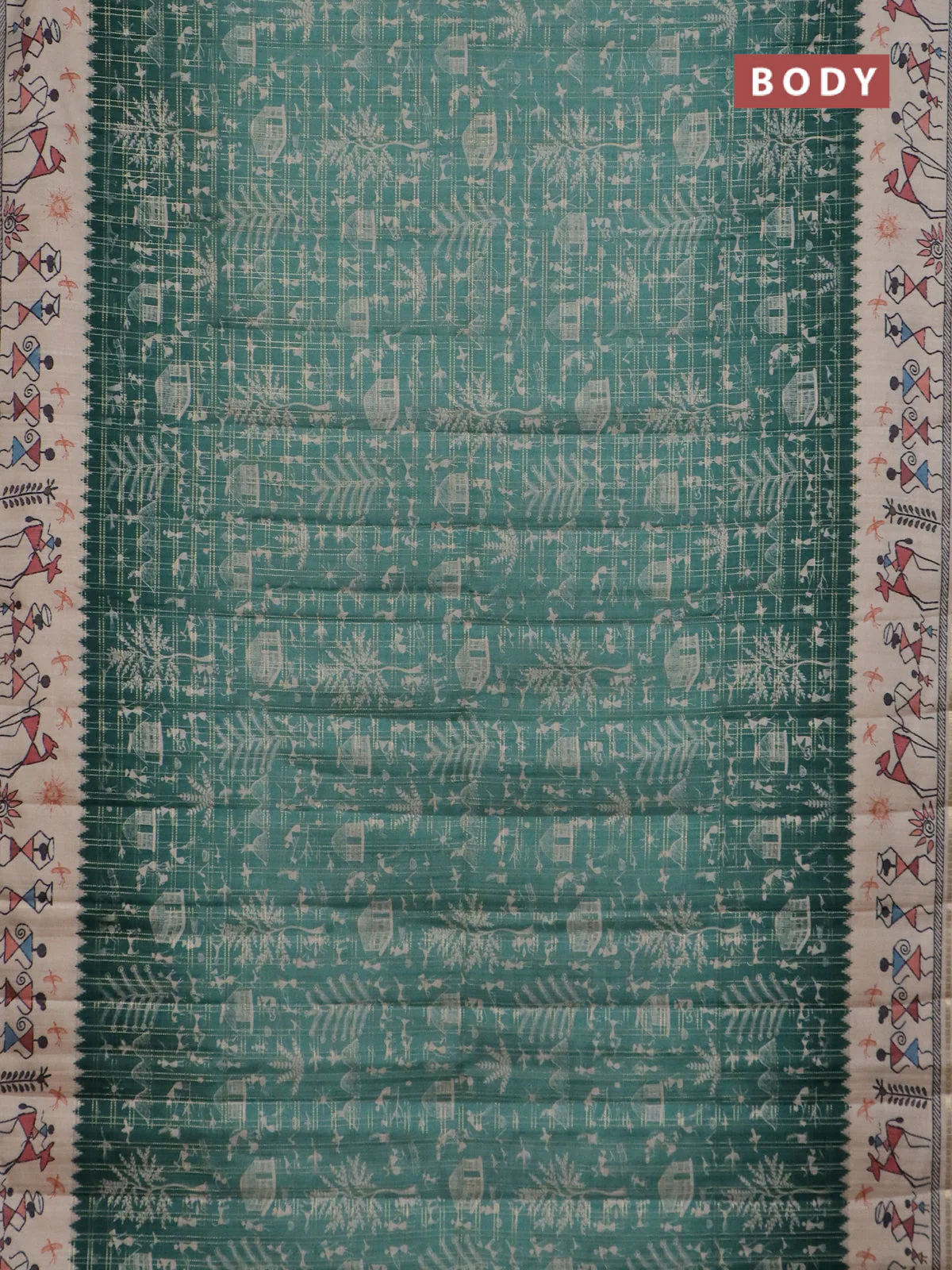 Semi tussar saree teal green and cream with allover zari checks & warli prints  and printed border - Image 2