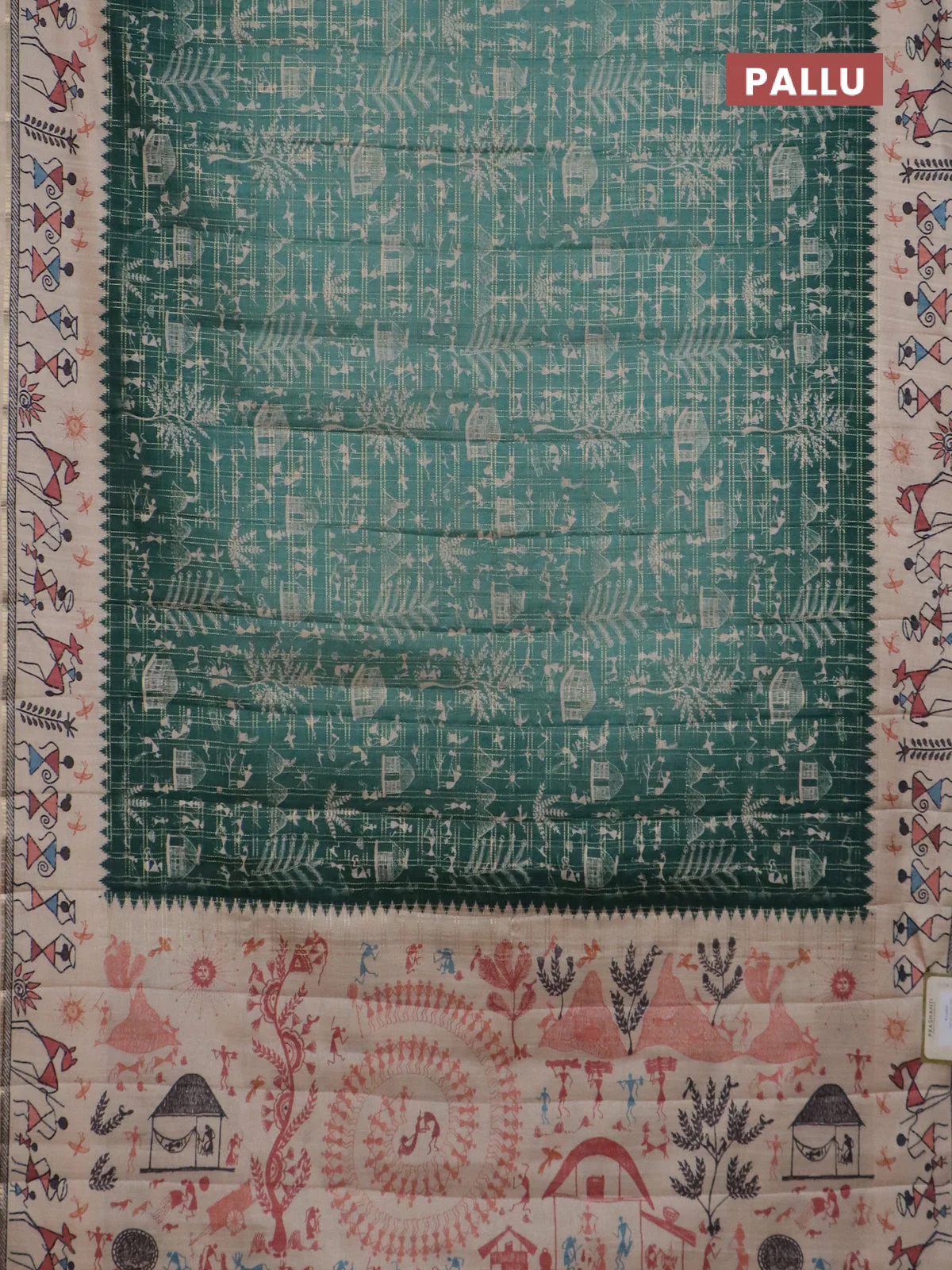 Semi tussar saree teal green and cream with allover zari checks & warli prints  and printed border - Image 3