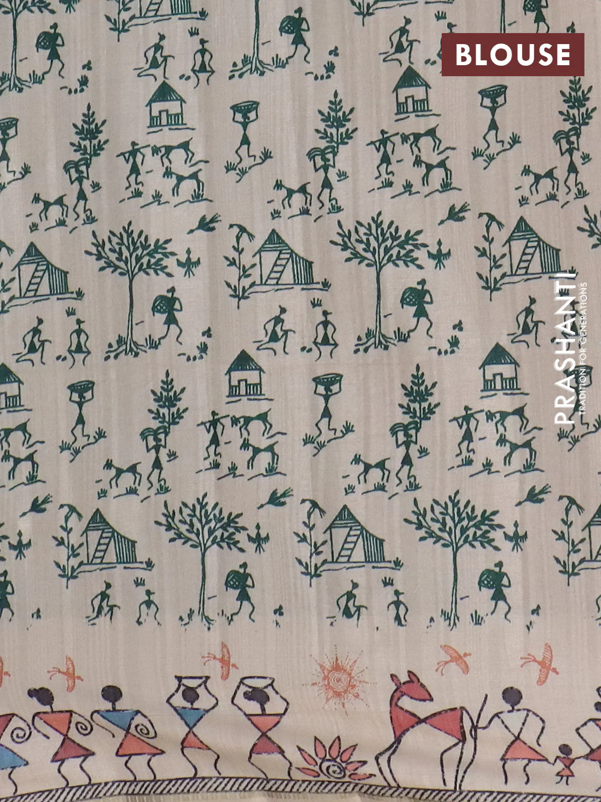 Semi tussar saree teal green and cream with allover zari checks & warli prints  and printed border - Image 4