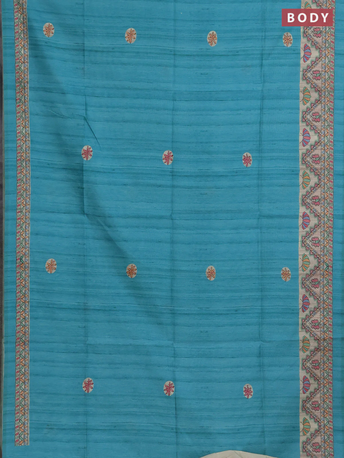Semi tussar saree teal green and cream with butta prints and madhubani printed pallu & border - Image 2