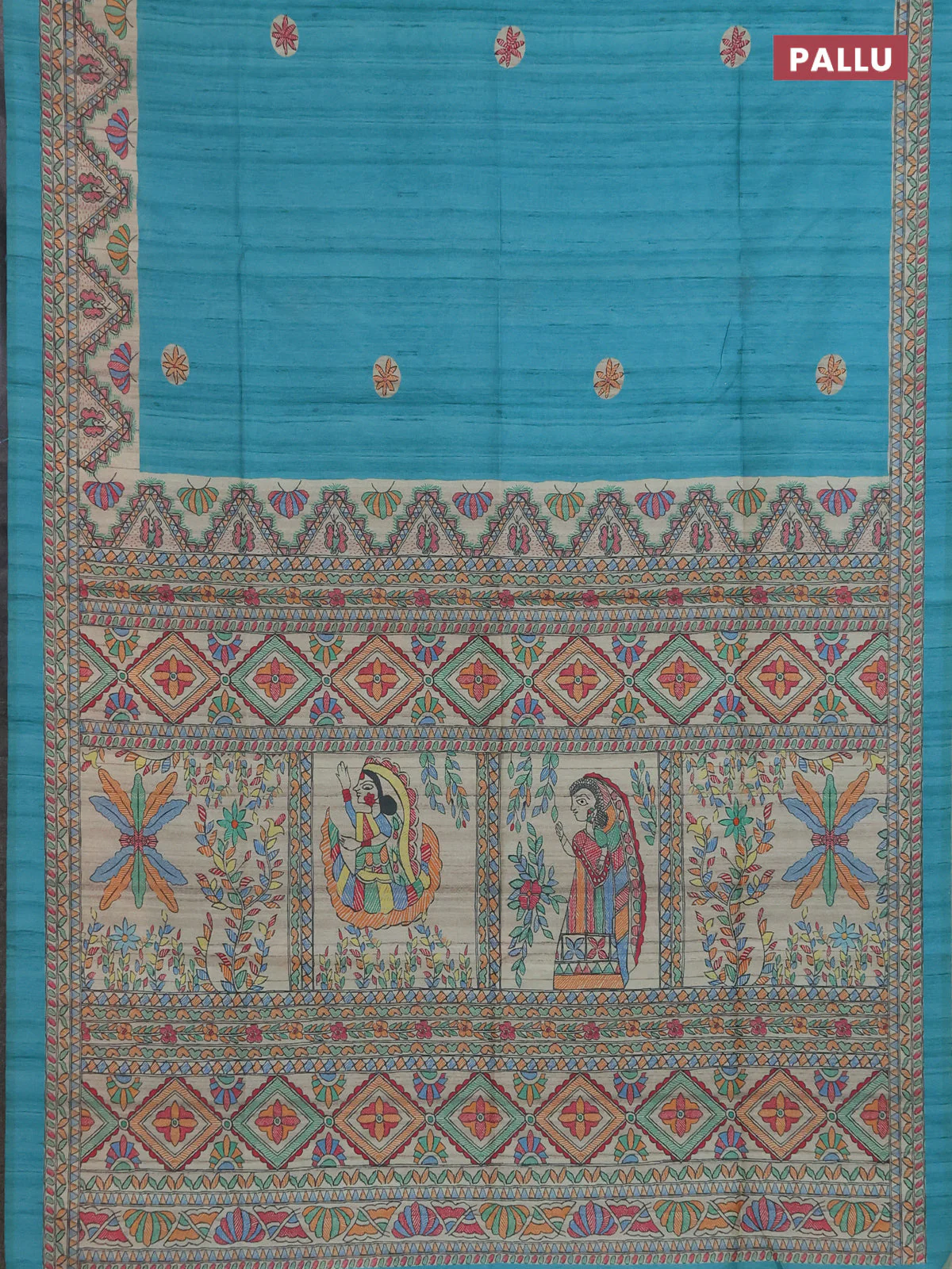 Semi tussar saree teal green and cream with butta prints and madhubani printed pallu & border - Image 3