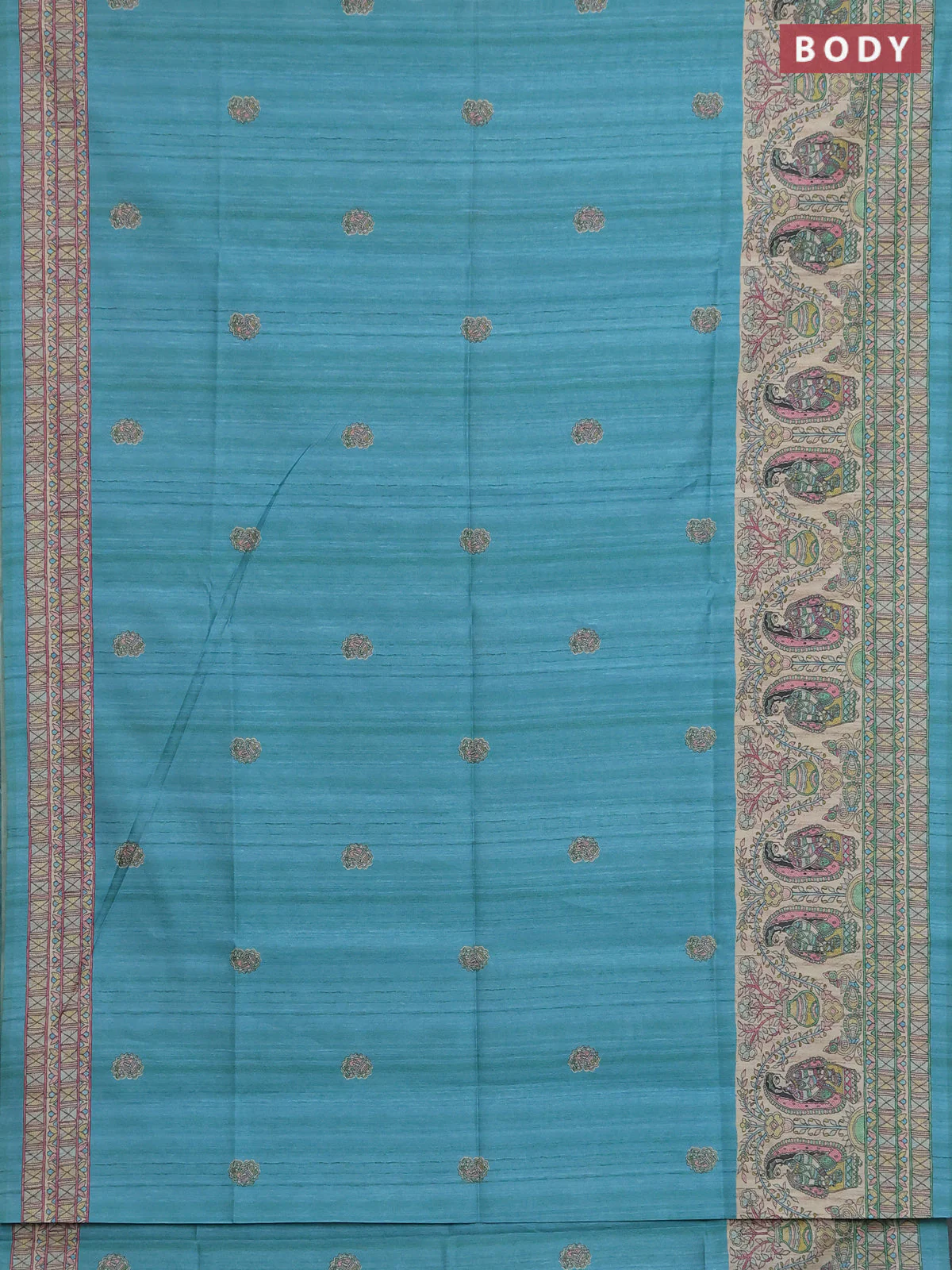 Semi tussar saree teal green and cream with paisley butta prints and madhubani printed pallu & border - Image 2