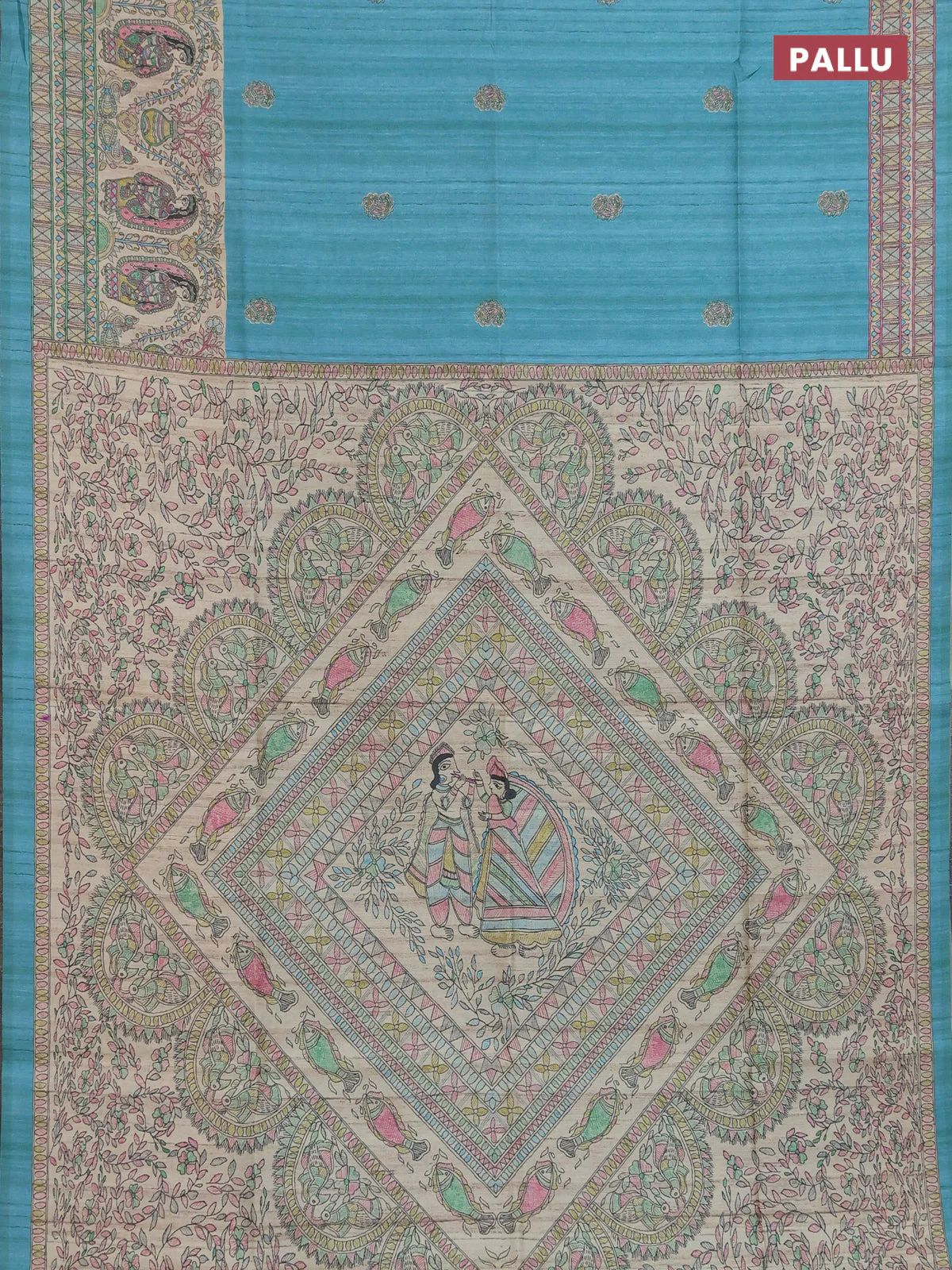 Semi tussar saree teal green and cream with paisley butta prints and madhubani printed pallu & border - Image 3