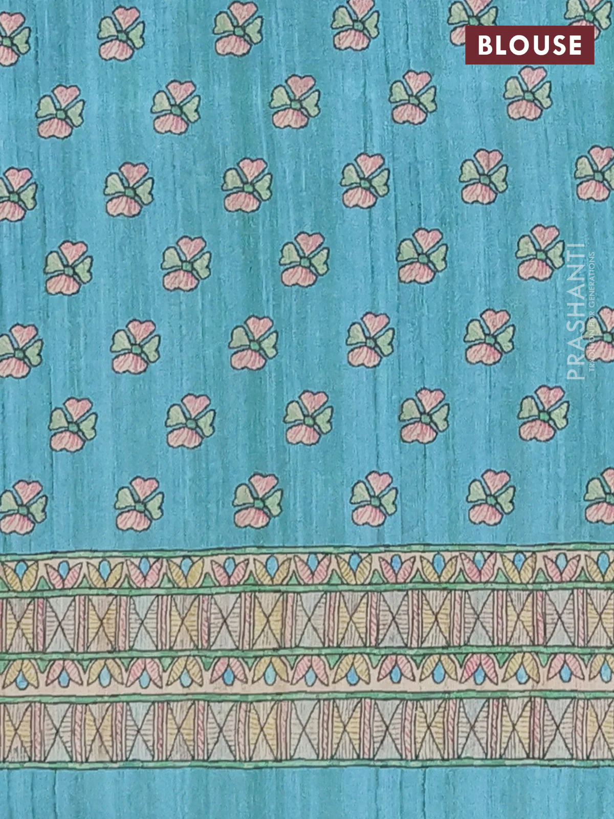 Semi tussar saree teal green and cream with paisley butta prints and madhubani printed pallu & border - Image 4