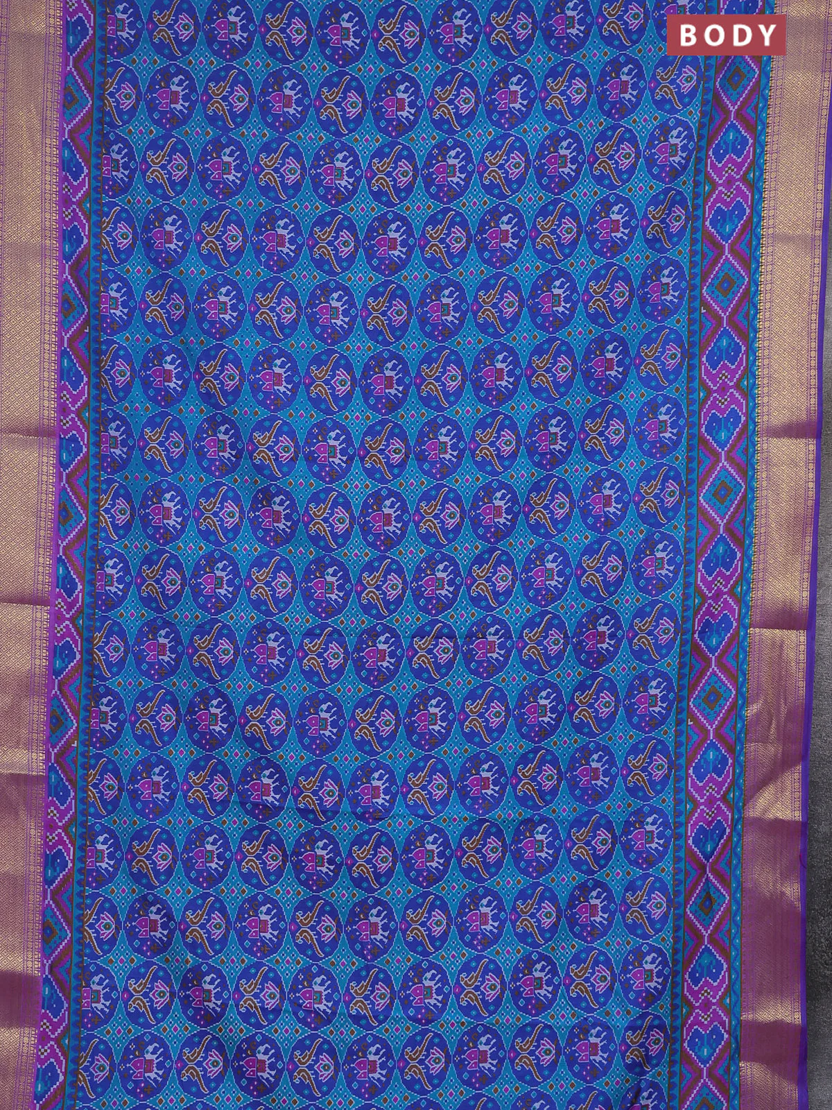 Semi tussar saree teal green and purple with allover ikat prints and zari woven border - Image 2
