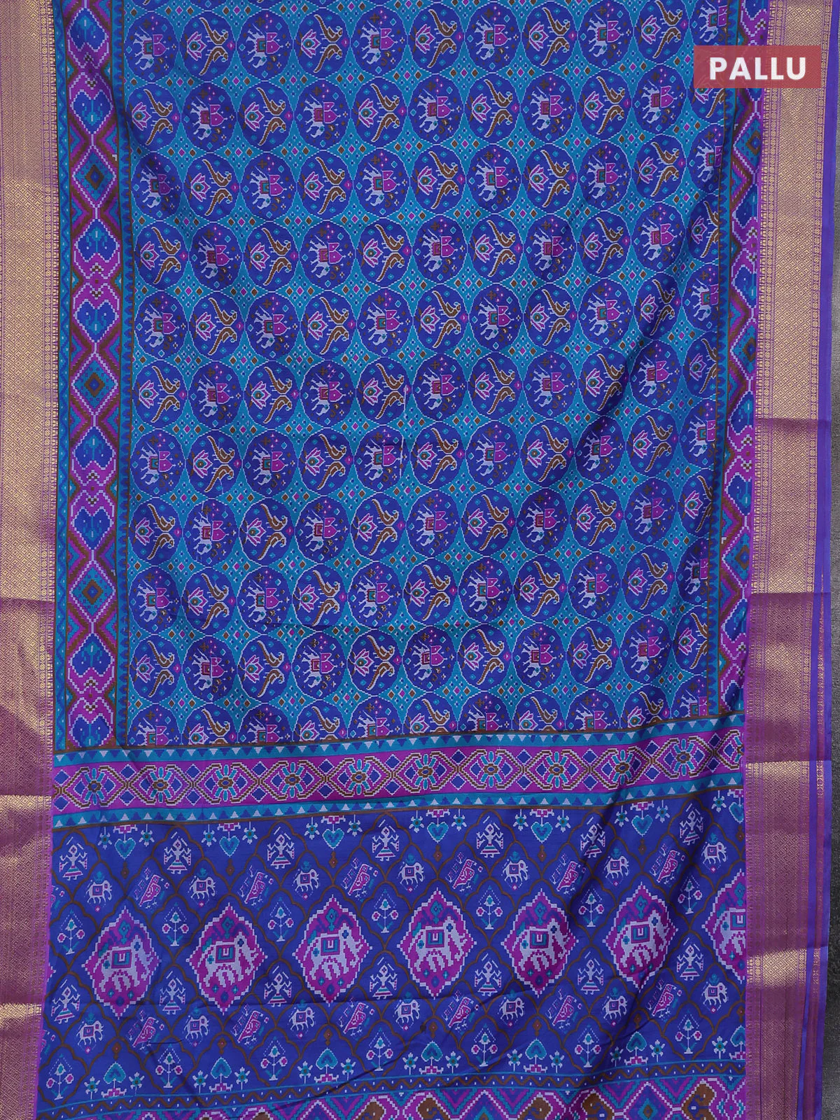 Semi tussar saree teal green and purple with allover ikat prints and zari woven border - Image 3