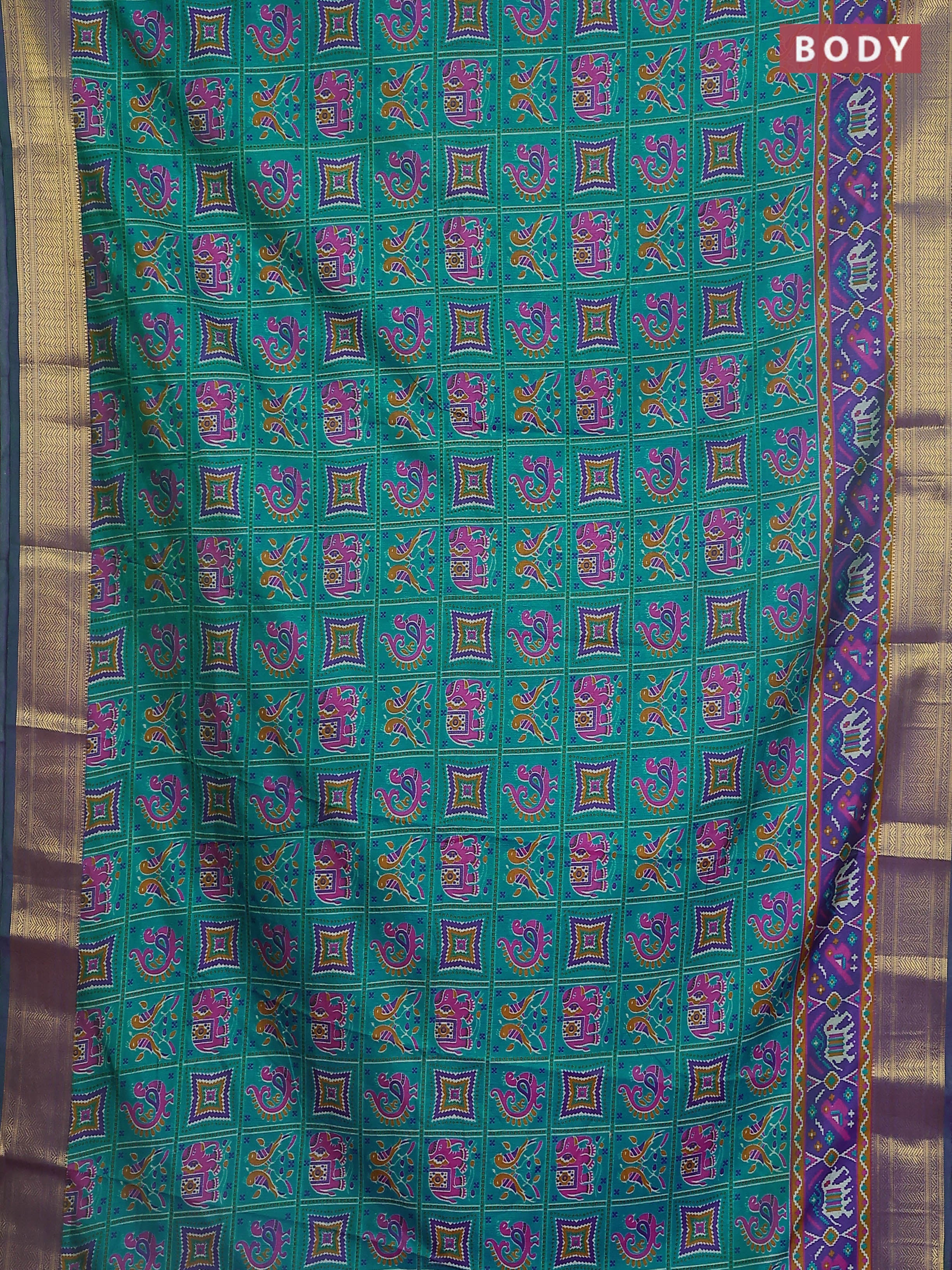 Semi tussar saree teal green and violet with allover ikat prints and zari woven border - Image 2