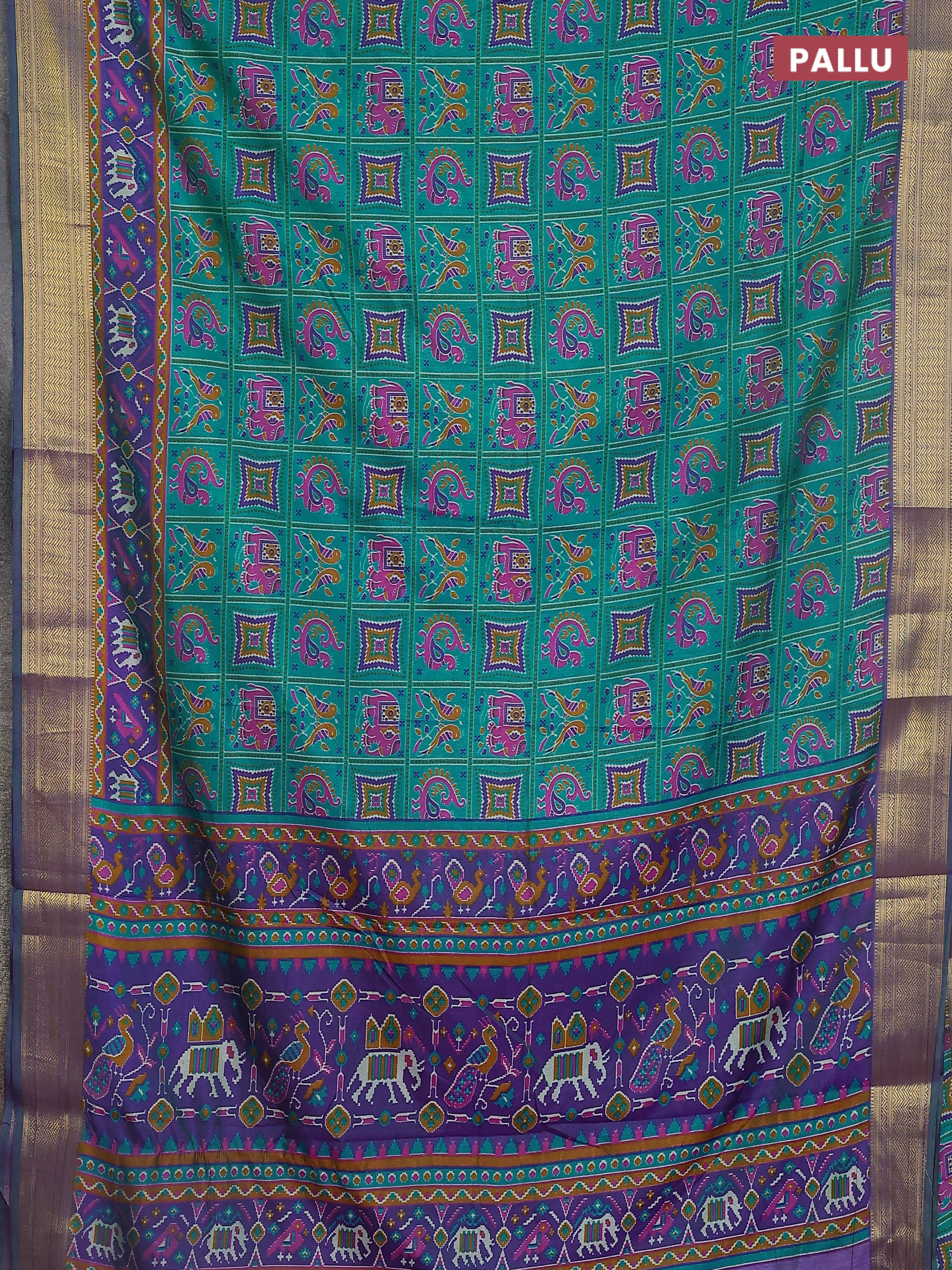 Semi tussar saree teal green and violet with allover ikat prints and zari woven border - Image 3