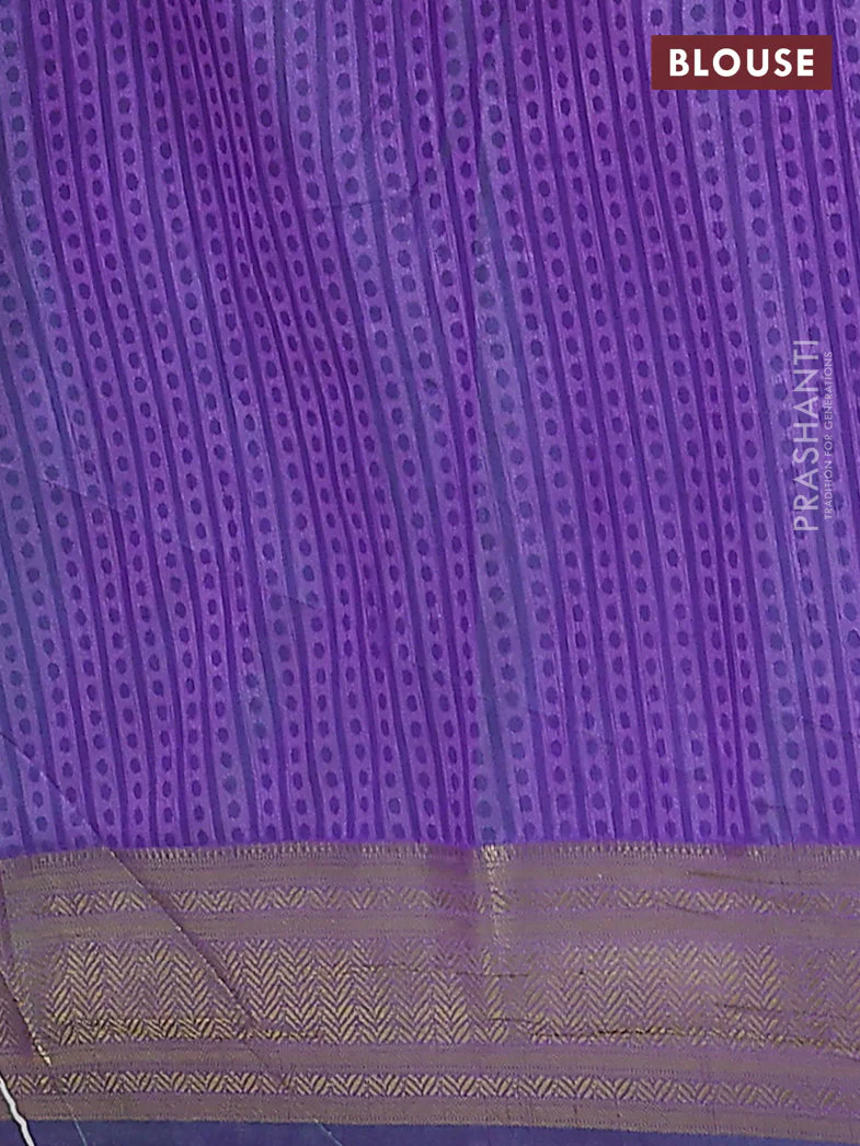 Semi tussar saree teal green and violet with allover ikat prints and zari woven border - Image 4
