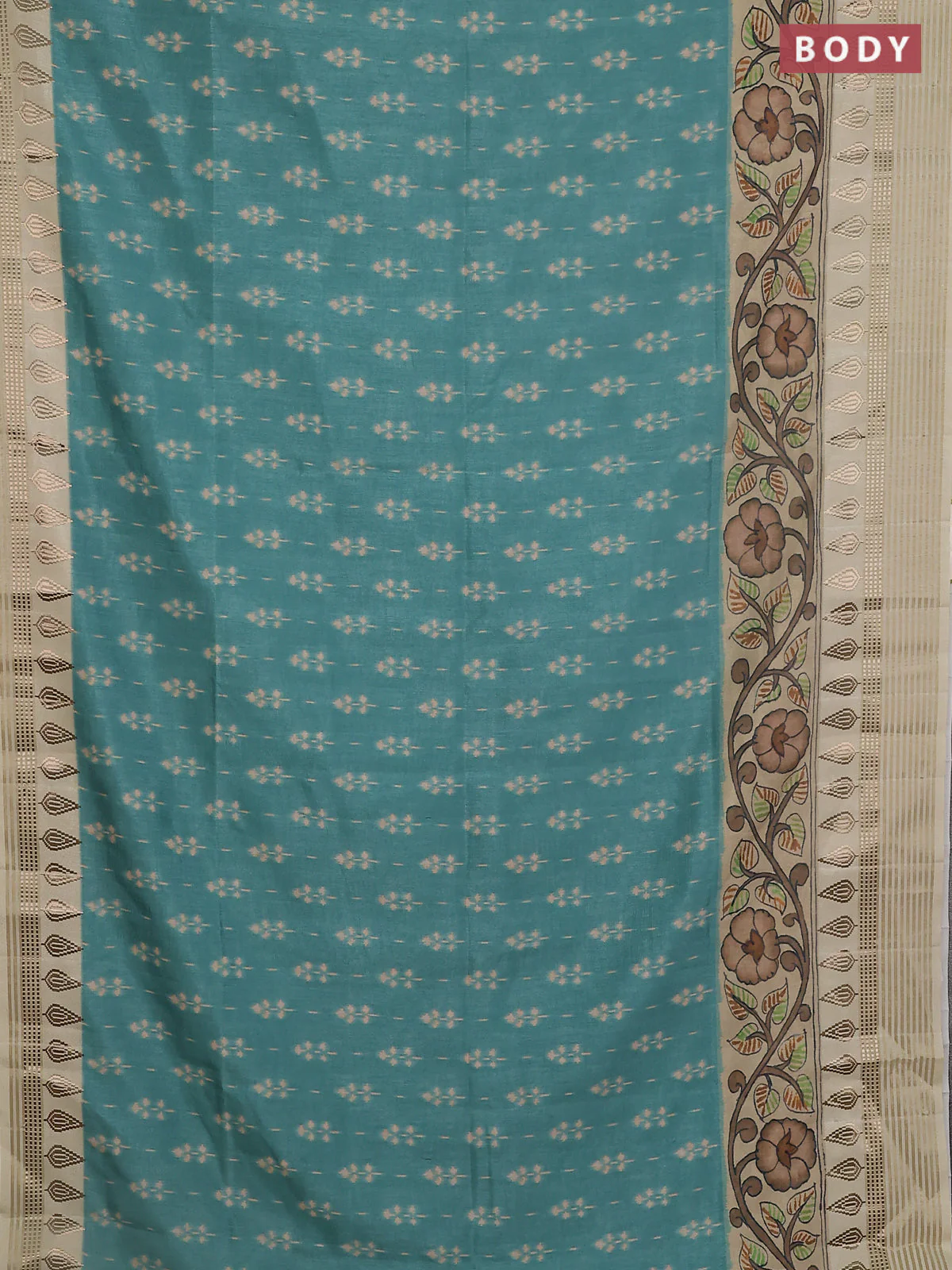 Semi tussar saree teal green shade and cream with ikat butta prints and zari woven border - Image 2